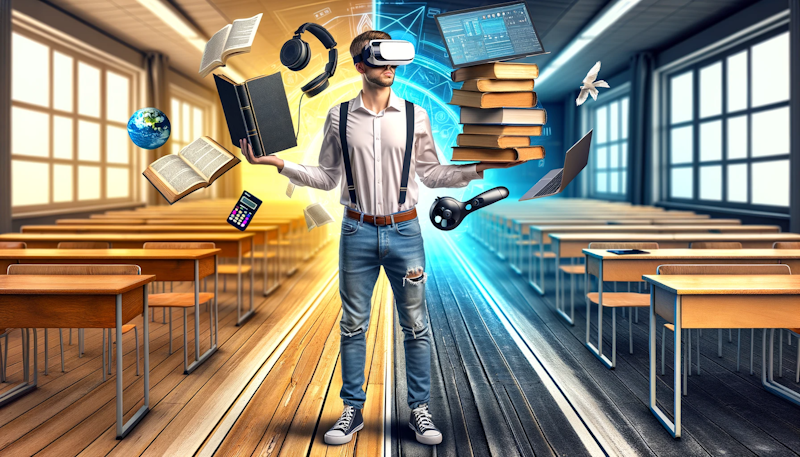 Ultra-realistic photo of a student juggling an old textbook, a laptop, and a VR headset. The background is a split scene: one side showcases a traditional MBA classroom with wooden desks, and the other side reveals a futuristic, digitalized learning environment. The student, standing at the intersection, looks both amused and overwhelmed. The colors are vibrant with dominant shades of yellow, black, and white, capturing the humorous yet significant shift in MBA education over the years.