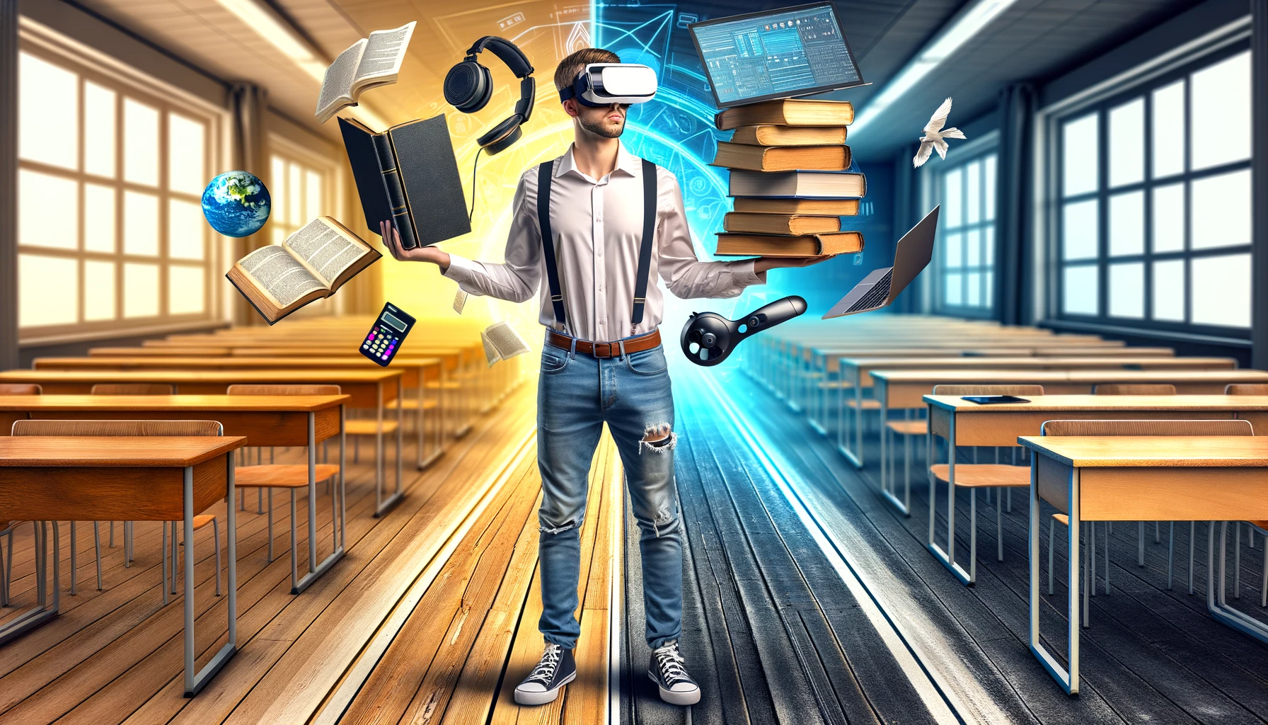 Ultra-realistic photo of a student juggling an old textbook, a laptop, and a VR headset. The background is a split scene: one side showcases a traditional MBA classroom with wooden desks, and the other side reveals a futuristic, digitalized learning environment. The student, standing at the intersection, looks both amused and overwhelmed. The colors are vibrant with dominant shades of yellow, black, and white, capturing the humorous yet significant shift in MBA education over the years.