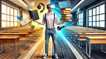 Ultra-realistic photo of a student juggling an old textbook, a laptop, and a VR headset. The background is a split scene: one side showcases a traditional MBA classroom with wooden desks, and the other side reveals a futuristic, digitalized learning environment. The student, standing at the intersection, looks both amused and overwhelmed. The colors are vibrant with dominant shades of yellow, black, and white, capturing the humorous yet significant shift in MBA education over the years.