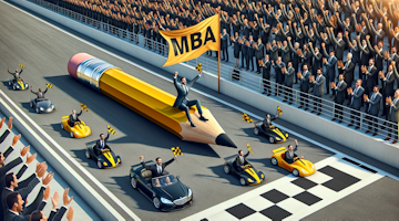 Ultra-realistic photo of a business racetrack where individuals in business attire are humorously riding on giant yellow pencils instead of cars. The track is white, with black sidelines and pit stops that look like miniature business schools. In the stands, cheering crowds hold briefcases and laptops. The lead racer is crossing the finish line, with a flag waving that features a giant MBA diploma, emphasizing the advantage and boost an MBA provides in the corporate race.
