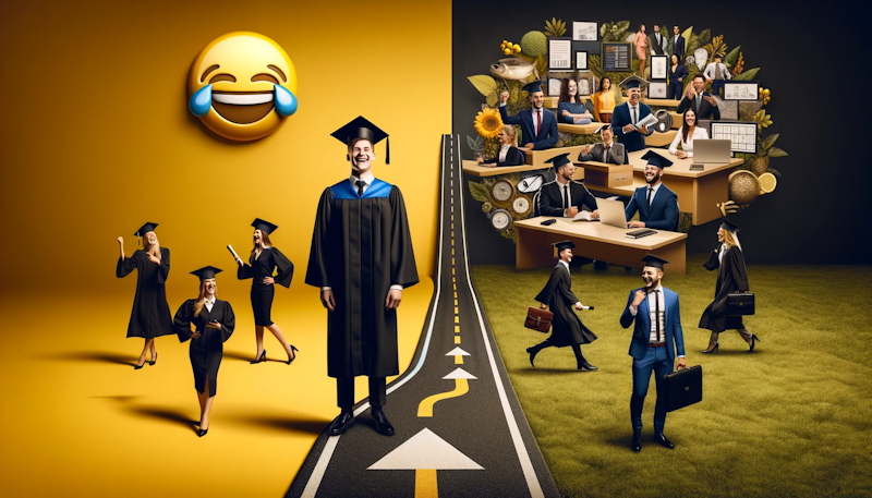 Ultra-realistic photo of a split scene. On one side, a student with graduation cap stands confidently against a yellow background, while on the other, diverse professionals excel in various fields against a black backdrop. The student's cap's tassel transforms into a multi-path road leading to the professionals, symbolizing different MBA specializations. A white laughing emoji floats above, capturing the humor of the vast career possibilities. The entire composition gives a sense of depth and choices in MBA specializations.