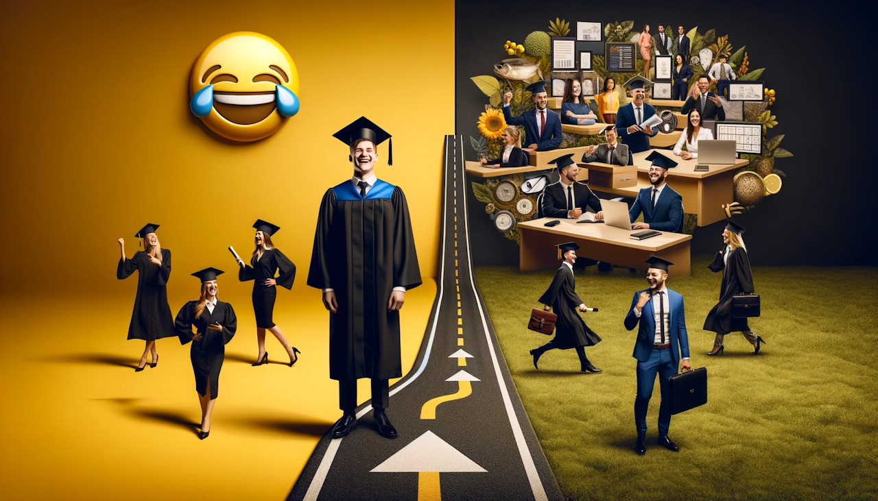 Ultra-realistic photo of a split scene. On one side, a student with graduation cap stands confidently against a yellow background, while on the other, diverse professionals excel in various fields against a black backdrop. The student's cap's tassel transforms into a multi-path road leading to the professionals, symbolizing different MBA specializations. A white laughing emoji floats above, capturing the humor of the vast career possibilities. The entire composition gives a sense of depth and choices in MBA specializations.