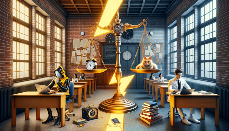 Photo illustrating the contrast between online and traditional MBA programs. On one side, a student in a yellow and black outfit sits at a sleek, modern desk with a laptop, headphones, and a digital clock, representing the online MBA experience. On the opposite side, a student dressed in white sits in a classic brick-walled classroom with wooden desks and a chalkboard, representing traditional MBA. Both sides are separated by a zigzag lightning bolt, symbolizing the decision point. In the background, a giant scale balances a laptop and a stack of textbooks, weighing the pros and cons. A mischievous cat playfully tries to tip the scale, adding a touch of humor. The atmosphere is hyper-realistic, with intricate details on every object, emphasizing the contrast and making the viewer ponder which option is right for them.