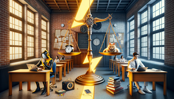 Photo illustrating the contrast between online and traditional MBA programs. On one side, a student in a yellow and black outfit sits at a sleek, modern desk with a laptop, headphones, and a digital clock, representing the online MBA experience. On the opposite side, a student dressed in white sits in a classic brick-walled classroom with wooden desks and a chalkboard, representing traditional MBA. Both sides are separated by a zigzag lightning bolt, symbolizing the decision point. In the background, a giant scale balances a laptop and a stack of textbooks, weighing the pros and cons. A mischievous cat playfully tries to tip the scale, adding a touch of humor. The atmosphere is hyper-realistic, with intricate details on every object, emphasizing the contrast and making the viewer ponder which option is right for them.