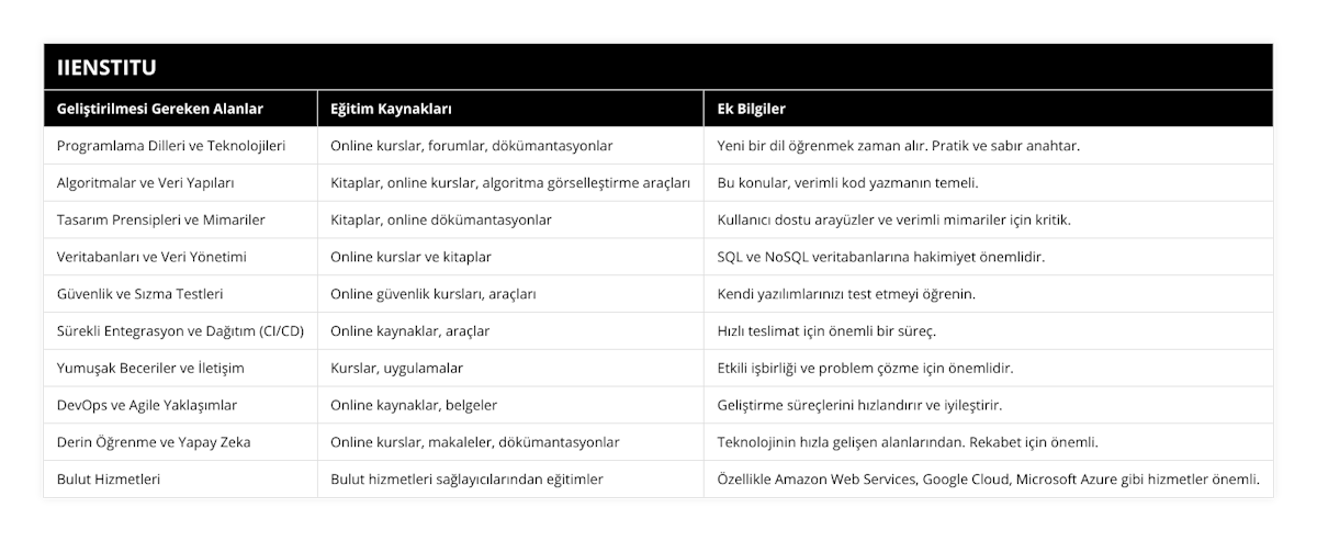 Programlama Dilleri ve Teknolojileri, Online kurslar, forumlar, dökümantasyonlar, Yeni bir dil öğrenmek zaman alır Pratik ve sabır anahtar, Algoritmalar ve Veri Yapıları, Kitaplar, online kurslar, algoritma görselleştirme araçları, Bu konular, verimli kod yazmanın temeli, Tasarım Prensipleri ve Mimariler, Kitaplar, online dökümantasyonlar, Kullanıcı dostu arayüzler ve verimli mimariler için kritik, Veritabanları ve Veri Yönetimi, Online kurslar ve kitaplar, SQL ve NoSQL veritabanlarına hakimiyet önemlidir, Güvenlik ve Sızma Testleri, Online güvenlik kursları, araçları, Kendi yazılımlarınızı test etmeyi öğrenin, Sürekli Entegrasyon ve Dağıtım (CI/CD), Online kaynaklar, araçlar, Hızlı teslimat için önemli bir süreç, Yumuşak Beceriler ve İletişim, Kurslar, uygulamalar, Etkili işbirliği ve problem çözme için önemlidir, DevOps ve Agile Yaklaşımlar, Online kaynaklar, belgeler, Geliştirme süreçlerini hızlandırır ve iyileştirir, Derin Öğrenme ve Yapay Zeka, Online kurslar, makaleler, dökümantasyonlar, Teknolojinin hızla gelişen alanlarından Rekabet için önemli, Bulut Hizmetleri, Bulut hizmetleri sağlayıcılarından eğitimler, Özellikle Amazon Web Services, Google Cloud, Microsoft Azure gibi hizmetler önemli