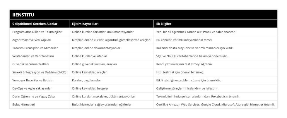 Programlama Dilleri ve Teknolojileri, Online kurslar, forumlar, dökümantasyonlar, Yeni bir dil öğrenmek zaman alır Pratik ve sabır anahtar, Algoritmalar ve Veri Yapıları, Kitaplar, online kurslar, algoritma görselleştirme araçları, Bu konular, verimli kod yazmanın temeli, Tasarım Prensipleri ve Mimariler, Kitaplar, online dökümantasyonlar, Kullanıcı dostu arayüzler ve verimli mimariler için kritik, Veritabanları ve Veri Yönetimi, Online kurslar ve kitaplar, SQL ve NoSQL veritabanlarına hakimiyet önemlidir, Güvenlik ve Sızma Testleri, Online güvenlik kursları, araçları, Kendi yazılımlarınızı test etmeyi öğrenin, Sürekli Entegrasyon ve Dağıtım (CI/CD), Online kaynaklar, araçlar, Hızlı teslimat için önemli bir süreç, Yumuşak Beceriler ve İletişim, Kurslar, uygulamalar, Etkili işbirliği ve problem çözme için önemlidir, DevOps ve Agile Yaklaşımlar, Online kaynaklar, belgeler, Geliştirme süreçlerini hızlandırır ve iyileştirir, Derin Öğrenme ve Yapay Zeka, Online kurslar, makaleler, dökümantasyonlar, Teknolojinin hızla gelişen alanlarından Rekabet için önemli, Bulut Hizmetleri, Bulut hizmetleri sağlayıcılarından eğitimler, Özellikle Amazon Web Services, Google Cloud, Microsoft Azure gibi hizmetler önemli