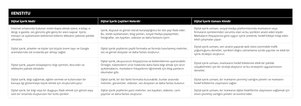 İnternet ortamında bulunan metin başta olmak üzere, e-kitap, e-dergi, e-gazete, ses görüntü gibi geniş bir alanı kapsar İçerik, mesajın ve açıklamanın belirlenen kitlenin dikkatini çekecek şekilde olmalıdır, İçerik, duyusal ve görsel olarak karşılaştığımız bir dizi şeyi ifade eder Bu, metin açıklamaları, blog yazıları, sosyal medya paylaşımları, fotoğraflar, ses kayıtları, videolar ve daha fazlasını içerir, Dijital içerik uzmanı, sosyal medya platformlarında markaların veya firmaların içeriklerinden sorumlu olan ve bu içerikleri analiz eden kişidir Markaların ihtiyaçlarına göre uygun içerik üreterek, hedef kitleye hitap eden etkili çalışmalar yapar, Dijital içerik, şirketler ve kişiler için büyük önem taşır ve Google aramalarında üst sıralarda yer almayı sağlar, Dijital içerik çeşitlerini çeşitli formatta ve formda hazırlanmış metinler, ses ve görsel dosyalar ve daha fazlası oluşturur, Dijital içerik uzmanı, veri analizi yaparak web sitesi üzerindeki trafik yoğunluğunu denetler, içerikleri doğru zamanlama içinde yayınlar ve etkili bir içerik stratejisi oluşturur, Dijital içerik, yaşamı kolaylaştırıcı bilgi içermeli, ikna edici ve etkileşimi yüksek olmalıdır, Dijital içerik, okuyucunun ihtiyaçlarına ve beklentilerine uyarlanabilir Örneğin, tüketicilerin ürün hakkında daha fazla bilgi almak için ürün açıklamalarını, markaların hikayelerini öğrenmek için blog yazılarını okumaları gibi, Dijital içerik uzmanı, markaların hedef kitlelerine etkili bir şekilde ulaşabilmeleri için bir strateji oluşturur ve bu stratejinin uygulanmasını denetler, Dijital içerik, bilgi sağlamak, eğitim vermek ve kullanıcıları bir konuya ilgi göstermeye teşvik etmek için oluşturulmuştur, Dijital içerik, bir dizi farklı formatta bulunabilir, bunlar arasında metinler, görüntüler, videolar, ses dosyaları ve daha fazlası bulunur, Dijital içerik uzmanı, bir markanın çevrimiçi varlığını yönetir ve markanın hedef kitlelerine ulaşmasını sağlar, Dijital içerik, bir bilgi veya bir duyguyu ifade etmek için görsel veya sesli bir ortamda oluşturulan her türlü içeriktir, Dijital içerik çeşitlerini yazılı metinler, ses kayıtları, videolar, canlı yayınlar ve daha fazlası oluşturur, Dijital içerik uzmanı, bir markanın dijital hedeflerine ulaşmasını sağlamak için onun çevrimiçi varlığını yönetir ve kontrol eder