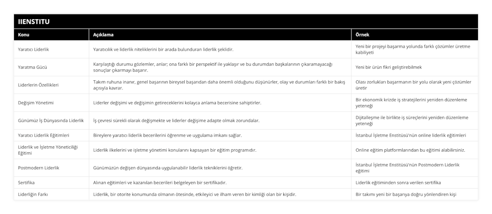 Yaratıcı Liderlik, Yaratıcılık ve liderlik niteliklerini bir arada bulunduran liderlik şeklidir, Yeni bir projeyi başarma yolunda farklı çözümler üretme kabiliyeti, Yaratma Gücü, Karşılaştığı durumu gözlemler, anlar; ona farklı bir perspektif ile yaklaşır ve bu durumdan başkalarının çıkaramayacağı sonuçlar çıkarmayı başarır, Yeni bir ürün fikri geliştirebilmek, Liderlerin Özellikleri, Takım ruhuna inanır, genel başarının bireysel başarıdan daha önemli olduğunu düşünürler, olay ve durumları farklı bir bakış açısıyla kavrar, Olası zorlukları başarmanın bir yolu olarak yeni çözümler üretir, Değişim Yönetimi, Liderler değişimi ve değişimin getireceklerini kolayca anlama becerisine sahiptirler, Bir ekonomik krizde iş stratejilerini yeniden düzenleme yeteneği, Günümüz İş Dünyasında Liderlik, İş çevresi sürekli olarak değişmekte ve liderler değişime adapte olmak zorundalar, Dijitalleşme ile birlikte iş süreçlerini yeniden düzenleme yeteneği, Yaratıcı Liderlik Eğitimleri, Bireylere yaratıcı liderlik becerilerini öğrenme ve uygulama imkanı sağlar, İstanbul İşletme Enstitüsü'nün online liderlik eğitimleri, Liderlik ve İşletme Yöneticiliği Eğitimi, Liderlik ilkelerini ve işletme yönetimi konularını kapsayan bir eğitim programıdır, Online eğitim platformlarından bu eğitimi alabilirsiniz, Postmodern Liderlik, Günümüzün değişen dünyasında uygulanabilir liderlik tekniklerini öğretir, İstanbul İşletme Enstitüsü'nün Postmodern Liderlik eğitimi, Sertifika, Alınan eğitimleri ve kazanılan becerileri belgeleyen bir sertifikadır, Liderlik eğitiminden sonra verilen sertifika, Liderliğin Farkı, Liderlik, bir otorite konumunda olmanın ötesinde, etkileyici ve ilham veren bir kimliği olan bir kişidir, Bir takımı yeni bir başarıya doğru yönlendiren kişi