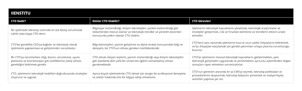 Bir işletmede teknoloji üzerinde en üst düzey sorumluluk sahibi olan kişiye CTO denir, Bilgisayar mühendisliği, bilişim teknolojileri, yazılım mühendisliği gibi bölümlerden mezun olanlar ve teknolojik trendler ve yönetim becerileri konusunda yetkin olanlar CTO olabilir, İşletmenin teknolojik kaynaklarını yönetmek, teknolojik araştırmalar ve stratejiler geliştirmek, risk ve fırsatları belirleme ve trendlerin etkisini analiz etmektir, CTO'lar genellikle CEO'ya bağlıdır ve teknolojik olarak işletmenin yapılanması ve gelişiminden sorumludur, Bilgi teknolojileri, yazılım geliştirme ve dijital strateji konusundaki bilgi ve deneyim, bir CTO’nun olması gereken özelliklerdendir, CTO'ların aynı zamanda işletmenin kısa ve uzun vadeli ihtiyaçlarını belirlemek ve bu ihtiyaçları karşılamak için gerekli yatırımları ortaya çıkarma sorumluluğu bulunur, Bir CTO'yu tanımlarken; bilgi, beceri, sorumluluk, uyum, planlama ve koordinasyon gibi özelliklerine sahip olması gerektiğini belirtmek gerekir, CTO olmak isteyen kişilerin, yazılım mühendisliği veya bilişim teknolojileri gibi alanlarda dört yıllık bir üniversite eğitimi tamamlamış olması gerekmektedir, CTO'lar işletmenin mevcut teknolojik kaynaklarını geliştirmekten, yeni teknolojik gelişmeleri uygulamak ve yönetmekten ayrıca bu eylemlerden doğan sonuçları rapor etmekten sorumludurlar, CTO, işletmenin teknolojik hedefleri doğrultusunda stratejiler oluşturur ve uygular, Ayrıca büyük işletmelerde CTO olmak için zengin bir profesyonel deneyime ve sektör hakkında titiz bir bilgiye sahip olmalısınız, CTO'nun görevleri arasında en iyi CMS'yi seçmek, teknoloji politikaları ve prosedürlerini oluşturmak, teknoloji bütçesini yönetmek ve maliyet-fayda analizleri yapmak yer alır