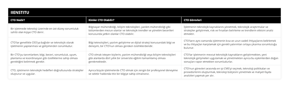 Bir işletmede teknoloji üzerinde en üst düzey sorumluluk sahibi olan kişiye CTO denir, Bilgisayar mühendisliği, bilişim teknolojileri, yazılım mühendisliği gibi bölümlerden mezun olanlar ve teknolojik trendler ve yönetim becerileri konusunda yetkin olanlar CTO olabilir, İşletmenin teknolojik kaynaklarını yönetmek, teknolojik araştırmalar ve stratejiler geliştirmek, risk ve fırsatları belirleme ve trendlerin etkisini analiz etmektir, CTO'lar genellikle CEO'ya bağlıdır ve teknolojik olarak işletmenin yapılanması ve gelişiminden sorumludur, Bilgi teknolojileri, yazılım geliştirme ve dijital strateji konusundaki bilgi ve deneyim, bir CTO’nun olması gereken özelliklerdendir, CTO'ların aynı zamanda işletmenin kısa ve uzun vadeli ihtiyaçlarını belirlemek ve bu ihtiyaçları karşılamak için gerekli yatırımları ortaya çıkarma sorumluluğu bulunur, Bir CTO'yu tanımlarken; bilgi, beceri, sorumluluk, uyum, planlama ve koordinasyon gibi özelliklerine sahip olması gerektiğini belirtmek gerekir, CTO olmak isteyen kişilerin, yazılım mühendisliği veya bilişim teknolojileri gibi alanlarda dört yıllık bir üniversite eğitimi tamamlamış olması gerekmektedir, CTO'lar işletmenin mevcut teknolojik kaynaklarını geliştirmekten, yeni teknolojik gelişmeleri uygulamak ve yönetmekten ayrıca bu eylemlerden doğan sonuçları rapor etmekten sorumludurlar, CTO, işletmenin teknolojik hedefleri doğrultusunda stratejiler oluşturur ve uygular, Ayrıca büyük işletmelerde CTO olmak için zengin bir profesyonel deneyime ve sektör hakkında titiz bir bilgiye sahip olmalısınız, CTO'nun görevleri arasında en iyi CMS'yi seçmek, teknoloji politikaları ve prosedürlerini oluşturmak, teknoloji bütçesini yönetmek ve maliyet-fayda analizleri yapmak yer alır