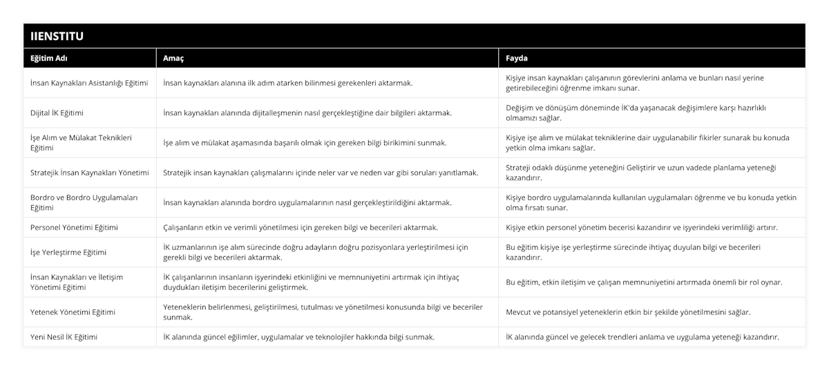 İnsan Kaynakları Asistanlığı Eğitimi, İnsan kaynakları alanına ilk adım atarken bilinmesi gerekenleri aktarmak, Kişiye insan kaynakları çalışanının görevlerini anlama ve bunları nasıl yerine getirebileceğini öğrenme imkanı sunar, Dijital İK Eğitimi, İnsan kaynakları alanında dijitalleşmenin nasıl gerçekleştiğine dair bilgileri aktarmak, Değişim ve dönüşüm döneminde İK'da yaşanacak değişimlere karşı hazırlıklı olmamızı sağlar, İşe Alım ve Mülakat Teknikleri Eğitimi, İşe alım ve mülakat aşamasında başarılı olmak için gereken bilgi birikimini sunmak, Kişiye işe alım ve mülakat tekniklerine dair uygulanabilir fikirler sunarak bu konuda yetkin olma imkanı sağlar, Stratejik İnsan Kaynakları Yönetimi, Stratejik insan kaynakları çalışmalarını içinde neler var ve neden var gibi soruları yanıtlamak, Strateji odaklı düşünme yeteneğini Geliştirir ve uzun vadede planlama yeteneği kazandırır, Bordro ve Bordro Uygulamaları Eğitimi, İnsan kaynakları alanında bordro uygulamalarının nasıl gerçekleştirildiğini aktarmak, Kişiye bordro uygulamalarında kullanılan uygulamaları öğrenme ve bu konuda yetkin olma fırsatı sunar, Personel Yönetimi Eğitimi, Çalışanların etkin ve verimli yönetilmesi için gereken bilgi ve becerileri aktarmak, Kişiye etkin personel yönetim becerisi kazandırır ve işyerindeki verimliliği artırır, İşe Yerleştirme Eğitimi, İK uzmanlarının işe alım sürecinde doğru adayların doğru pozisyonlara yerleştirilmesi için gerekli bilgi ve becerileri aktarmak, Bu eğitim kişiye işe yerleştirme sürecinde ihtiyaç duyulan bilgi ve becerileri kazandırır, İnsan Kaynakları ve İletişim Yönetimi Eğitimi, İK çalışanlarının insanların işyerindeki etkinliğini ve memnuniyetini artırmak için ihtiyaç duydukları iletişim becerilerini geliştirmek, Bu eğitim, etkin iletişim ve çalışan memnuniyetini artırmada önemli bir rol oynar, Yetenek Yönetimi Eğitimi, Yeteneklerin belirlenmesi, geliştirilmesi, tutulması ve yönetilmesi konusunda bilgi ve beceriler sunmak, Mevcut ve potansiyel yeteneklerin etkin bir şekilde yönetilmesini sağlar, Yeni Nesil İK Eğitimi, İK alanında güncel eğilimler, uygulamalar ve teknolojiler hakkında bilgi sunmak, İK alanında güncel ve gelecek trendleri anlama ve uygulama yeteneği kazandırır