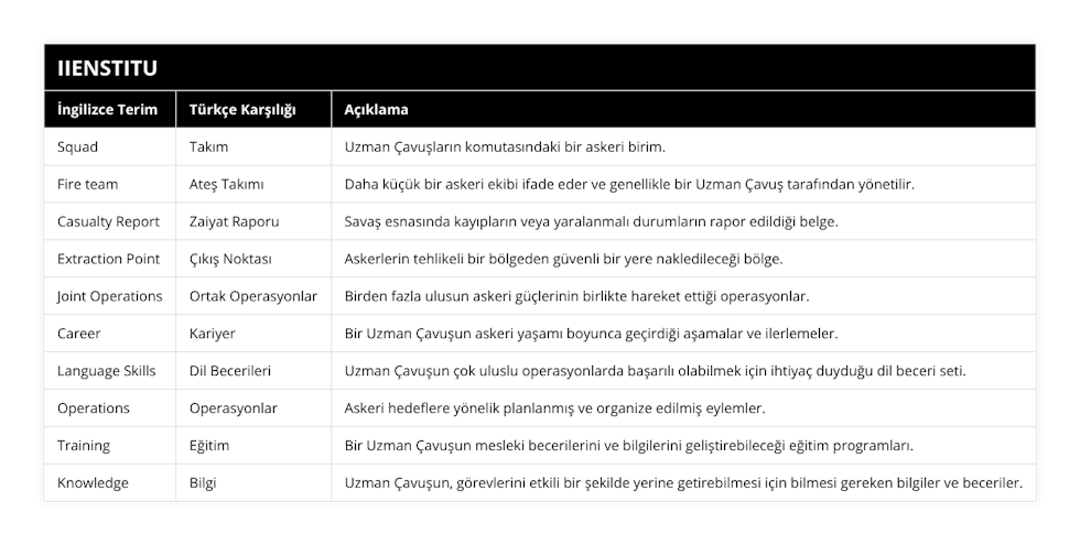 Squad, Takım, Uzman Çavuşların komutasındaki bir askeri birim, Fire team, Ateş Takımı, Daha küçük bir askeri ekibi ifade eder ve genellikle bir Uzman Çavuş tarafından yönetilir, Casualty Report, Zaiyat Raporu, Savaş esnasında kayıpların veya yaralanmalı durumların rapor edildiği belge, Extraction Point, Çıkış Noktası, Askerlerin tehlikeli bir bölgeden güvenli bir yere nakledileceği bölge, Joint Operations, Ortak Operasyonlar, Birden fazla ulusun askeri güçlerinin birlikte hareket ettiği operasyonlar, Career, Kariyer, Bir Uzman Çavuşun askeri yaşamı boyunca geçirdiği aşamalar ve ilerlemeler, Language Skills, Dil Becerileri, Uzman Çavuşun çok uluslu operasyonlarda başarılı olabilmek için ihtiyaç duyduğu dil beceri seti, Operations, Operasyonlar, Askeri hedeflere yönelik planlanmış ve organize edilmiş eylemler, Training, Eğitim, Bir Uzman Çavuşun mesleki becerilerini ve bilgilerini geliştirebileceği eğitim programları, Knowledge, Bilgi, Uzman Çavuşun, görevlerini etkili bir şekilde yerine getirebilmesi için bilmesi gereken bilgiler ve beceriler