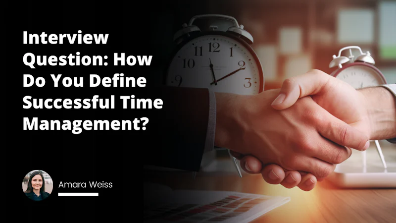 A close-up image of two hands shaking in agreement signifying an interview, overlaid with a prominent clock face to indicate time management, the hour and minute hands sharply designed, forming a 3D effect, a pile of neatly stacked resumes in background suggesting job interview, an hourglass standing on the job applications to indicate importance of time, multiple alarm clocks scattered also emphasizing the need for time management, characters portrayed in business attire to insinuate a professional setting, yellow and black color use, bright yellow light illuminating a selected resume expressing the successful time management idea, a posted schedule showing classes which adds inference to a time management course.