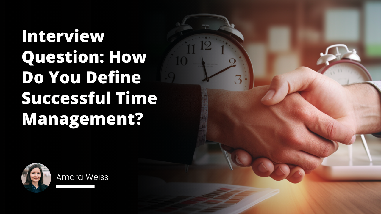 A close-up image of two hands shaking in agreement signifying an interview, overlaid with a prominent clock face to indicate time management, the hour and minute hands sharply designed, forming a 3D effect, a pile of neatly stacked resumes in background suggesting job interview, an hourglass standing on the job applications to indicate importance of time, multiple alarm clocks scattered also emphasizing the need for time management, characters portrayed in business attire to insinuate a professional setting, yellow and black color use, bright yellow light illuminating a selected resume expressing the successful time management idea, a posted schedule showing classes which adds inference to a time management course.