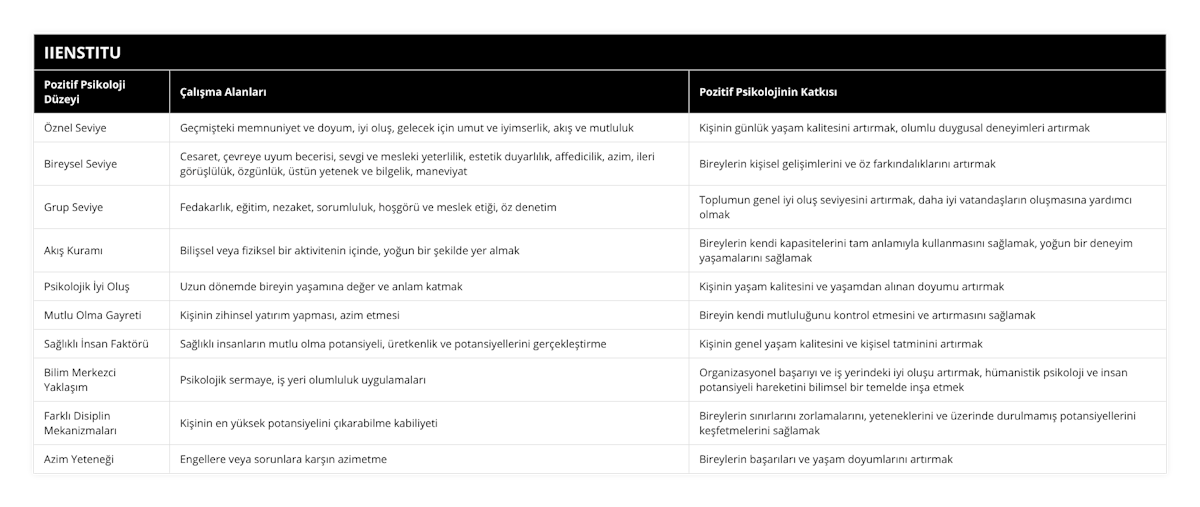Öznel Seviye, Geçmişteki memnuniyet ve doyum, iyi oluş, gelecek için umut ve iyimserlik, akış ve mutluluk, Kişinin günlük yaşam kalitesini artırmak, olumlu duygusal deneyimleri artırmak, Bireysel Seviye, Cesaret, çevreye uyum becerisi, sevgi ve mesleki yeterlilik, estetik duyarlılık, affedicilik, azim, ileri görüşlülük, özgünlük, üstün yetenek ve bilgelik, maneviyat, Bireylerin kişisel gelişimlerini ve öz farkındalıklarını artırmak, Grup Seviye, Fedakarlık, eğitim, nezaket, sorumluluk, hoşgörü ve meslek etiği, öz denetim, Toplumun genel iyi oluş seviyesini artırmak, daha iyi vatandaşların oluşmasına yardımcı olmak, Akış Kuramı, Bilişsel veya fiziksel bir aktivitenin içinde, yoğun bir şekilde yer almak, Bireylerin kendi kapasitelerini tam anlamıyla kullanmasını sağlamak, yoğun bir deneyim yaşamalarını sağlamak, Psikolojik İyi Oluş, Uzun dönemde bireyin yaşamına değer ve anlam katmak, Kişinin yaşam kalitesini ve yaşamdan alınan doyumu artırmak, Mutlu Olma Gayreti, Kişinin zihinsel yatırım yapması, azim etmesi, Bireyin kendi mutluluğunu kontrol etmesini ve artırmasını sağlamak, Sağlıklı İnsan Faktörü, Sağlıklı insanların mutlu olma potansiyeli, üretkenlik ve potansiyellerini gerçekleştirme, Kişinin genel yaşam kalitesini ve kişisel tatminini artırmak, Bilim Merkezci Yaklaşım, Psikolojik sermaye, iş yeri olumluluk uygulamaları, Organizasyonel başarıyı ve iş yerindeki iyi oluşu artırmak, hümanistik psikoloji ve insan potansiyeli hareketini bilimsel bir temelde inşa etmek, Farklı Disiplin Mekanizmaları, Kişinin en yüksek potansiyelini çıkarabilme kabiliyeti, Bireylerin sınırlarını zorlamalarını, yeteneklerini ve üzerinde durulmamış potansiyellerini keşfetmelerini sağlamak, Azim Yeteneği, Engellere veya sorunlara karşın azimetme, Bireylerin başarıları ve yaşam doyumlarını artırmak