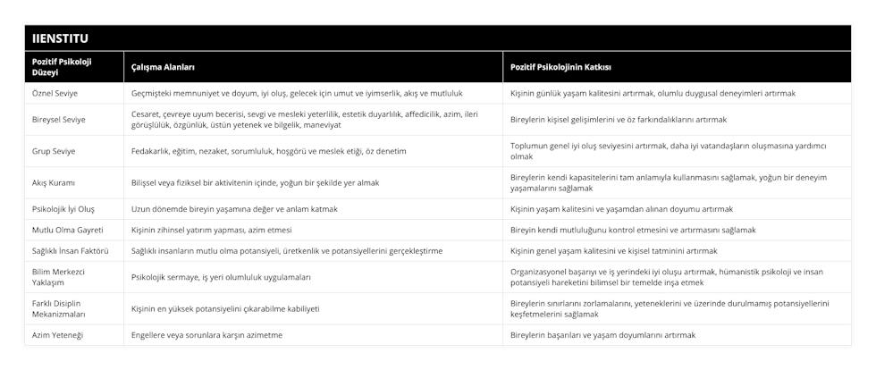 Öznel Seviye, Geçmişteki memnuniyet ve doyum, iyi oluş, gelecek için umut ve iyimserlik, akış ve mutluluk, Kişinin günlük yaşam kalitesini artırmak, olumlu duygusal deneyimleri artırmak, Bireysel Seviye, Cesaret, çevreye uyum becerisi, sevgi ve mesleki yeterlilik, estetik duyarlılık, affedicilik, azim, ileri görüşlülük, özgünlük, üstün yetenek ve bilgelik, maneviyat, Bireylerin kişisel gelişimlerini ve öz farkındalıklarını artırmak, Grup Seviye, Fedakarlık, eğitim, nezaket, sorumluluk, hoşgörü ve meslek etiği, öz denetim, Toplumun genel iyi oluş seviyesini artırmak, daha iyi vatandaşların oluşmasına yardımcı olmak, Akış Kuramı, Bilişsel veya fiziksel bir aktivitenin içinde, yoğun bir şekilde yer almak, Bireylerin kendi kapasitelerini tam anlamıyla kullanmasını sağlamak, yoğun bir deneyim yaşamalarını sağlamak, Psikolojik İyi Oluş, Uzun dönemde bireyin yaşamına değer ve anlam katmak, Kişinin yaşam kalitesini ve yaşamdan alınan doyumu artırmak, Mutlu Olma Gayreti, Kişinin zihinsel yatırım yapması, azim etmesi, Bireyin kendi mutluluğunu kontrol etmesini ve artırmasını sağlamak, Sağlıklı İnsan Faktörü, Sağlıklı insanların mutlu olma potansiyeli, üretkenlik ve potansiyellerini gerçekleştirme, Kişinin genel yaşam kalitesini ve kişisel tatminini artırmak, Bilim Merkezci Yaklaşım, Psikolojik sermaye, iş yeri olumluluk uygulamaları, Organizasyonel başarıyı ve iş yerindeki iyi oluşu artırmak, hümanistik psikoloji ve insan potansiyeli hareketini bilimsel bir temelde inşa etmek, Farklı Disiplin Mekanizmaları, Kişinin en yüksek potansiyelini çıkarabilme kabiliyeti, Bireylerin sınırlarını zorlamalarını, yeteneklerini ve üzerinde durulmamış potansiyellerini keşfetmelerini sağlamak, Azim Yeteneği, Engellere veya sorunlara karşın azimetme, Bireylerin başarıları ve yaşam doyumlarını artırmak