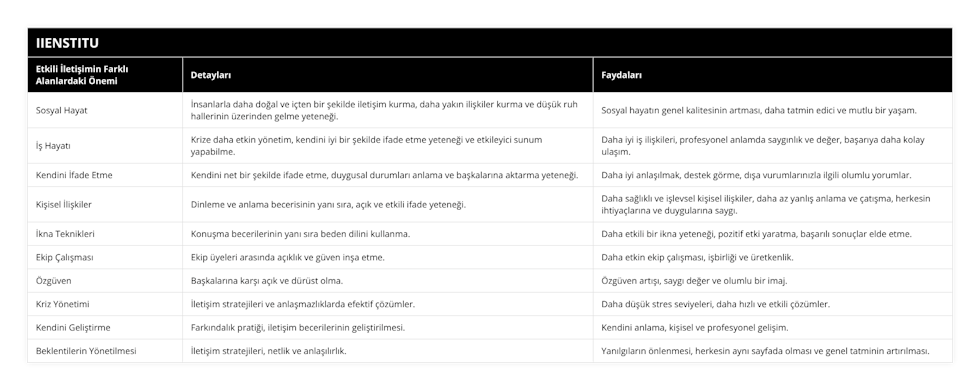 Sosyal Hayat, İnsanlarla daha doğal ve içten bir şekilde iletişim kurma, daha yakın ilişkiler kurma ve düşük ruh hallerinin üzerinden gelme yeteneği, Sosyal hayatın genel kalitesinin artması, daha tatmin edici ve mutlu bir yaşam, İş Hayatı, Krize daha etkin yönetim, kendini iyi bir şekilde ifade etme yeteneği ve etkileyici sunum yapabilme, Daha iyi iş ilişkileri, profesyonel anlamda saygınlık ve değer, başarıya daha kolay ulaşım, Kendini İfade Etme, Kendini net bir şekilde ifade etme, duygusal durumları anlama ve başkalarına aktarma yeteneği, Daha iyi anlaşılmak, destek görme, dışa vurumlarınızla ilgili olumlu yorumlar, Kişisel İlişkiler, Dinleme ve anlama becerisinin yanı sıra, açık ve etkili ifade yeteneği, Daha sağlıklı ve işlevsel kişisel ilişkiler, daha az yanlış anlama ve çatışma, herkesin ihtiyaçlarına ve duygularına saygı, İkna Teknikleri, Konuşma becerilerinin yanı sıra beden dilini kullanma, Daha etkili bir ikna yeteneği, pozitif etki yaratma, başarılı sonuçlar elde etme, Ekip Çalışması, Ekip üyeleri arasında açıklık ve güven inşa etme, Daha etkin ekip çalışması, işbirliği ve üretkenlik, Özgüven, Başkalarına karşı açık ve dürüst olma, Özgüven artışı, saygı değer ve olumlu bir imaj, Kriz Yönetimi, İletişim stratejileri ve anlaşmazlıklarda efektif çözümler, Daha düşük stres seviyeleri, daha hızlı ve etkili çözümler, Kendini Geliştirme, Farkındalık pratiği, iletişim becerilerinin geliştirilmesi, Kendini anlama, kişisel ve profesyonel gelişim, Beklentilerin Yönetilmesi, İletişim stratejileri, netlik ve anlaşılırlık, Yanılgıların önlenmesi, herkesin aynı sayfada olması ve genel tatminin artırılması