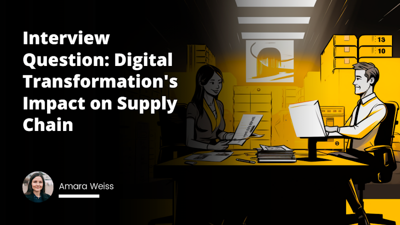 Two cartoon-style characters sit at a modern, sleek table, one with a file in hand signifies employer, other in a formal attire represents job seeker, both illuminated by a task light with a warm, yellow glow. A desktop on the table displays a digital chain, symbolizing Supply Chain Management, a barcode scanner, forklift, storage boxes in the background subtly highlight stock management. Infographics, charts and graphs on a screen floating above the table, highlighting digital transformation's impact, modernization of processes popping from the screen in vibrant colors of black, white with elements of bright yellow. Humorous twist is employee's exaggerated, overly eager facial expression and employer’s stern, analytical gaze. Outside a window, drones are delivering packages, signifying futuristic approach of SCM. The picture elegantly merges the real and digital world showing Digital Transformation's Impact on Supply Chain in a job interview setup.
