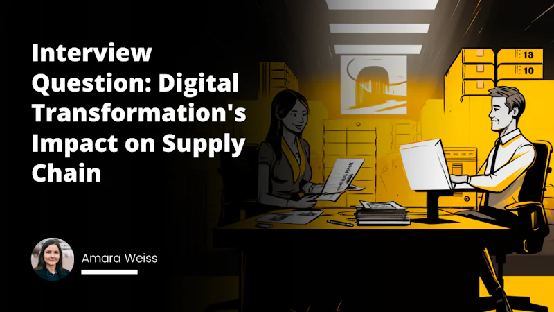 Two cartoon-style characters sit at a modern, sleek table, one with a file in hand signifies employer, other in a formal attire represents job seeker, both illuminated by a task light with a warm, yellow glow. A desktop on the table displays a digital chain, symbolizing Supply Chain Management, a barcode scanner, forklift, storage boxes in the background subtly highlight stock management. Infographics, charts and graphs on a screen floating above the table, highlighting digital transformation's impact, modernization of processes popping from the screen in vibrant colors of black, white with elements of bright yellow. Humorous twist is employee's exaggerated, overly eager facial expression and employer’s stern, analytical gaze. Outside a window, drones are delivering packages, signifying futuristic approach of SCM. The picture elegantly merges the real and digital world showing Digital Transformation's Impact on Supply Chain in a job interview setup.