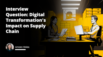 Two cartoon-style characters sit at a modern, sleek table, one with a file in hand signifies employer, other in a formal attire represents job seeker, both illuminated by a task light with a warm, yellow glow. A desktop on the table displays a digital chain, symbolizing Supply Chain Management, a barcode scanner, forklift, storage boxes in the background subtly highlight stock management. Infographics, charts and graphs on a screen floating above the table, highlighting digital transformation's impact, modernization of processes popping from the screen in vibrant colors of black, white with elements of bright yellow. Humorous twist is employee's exaggerated, overly eager facial expression and employer’s stern, analytical gaze. Outside a window, drones are delivering packages, signifying futuristic approach of SCM. The picture elegantly merges the real and digital world showing Digital Transformation's Impact on Supply Chain in a job interview setup.