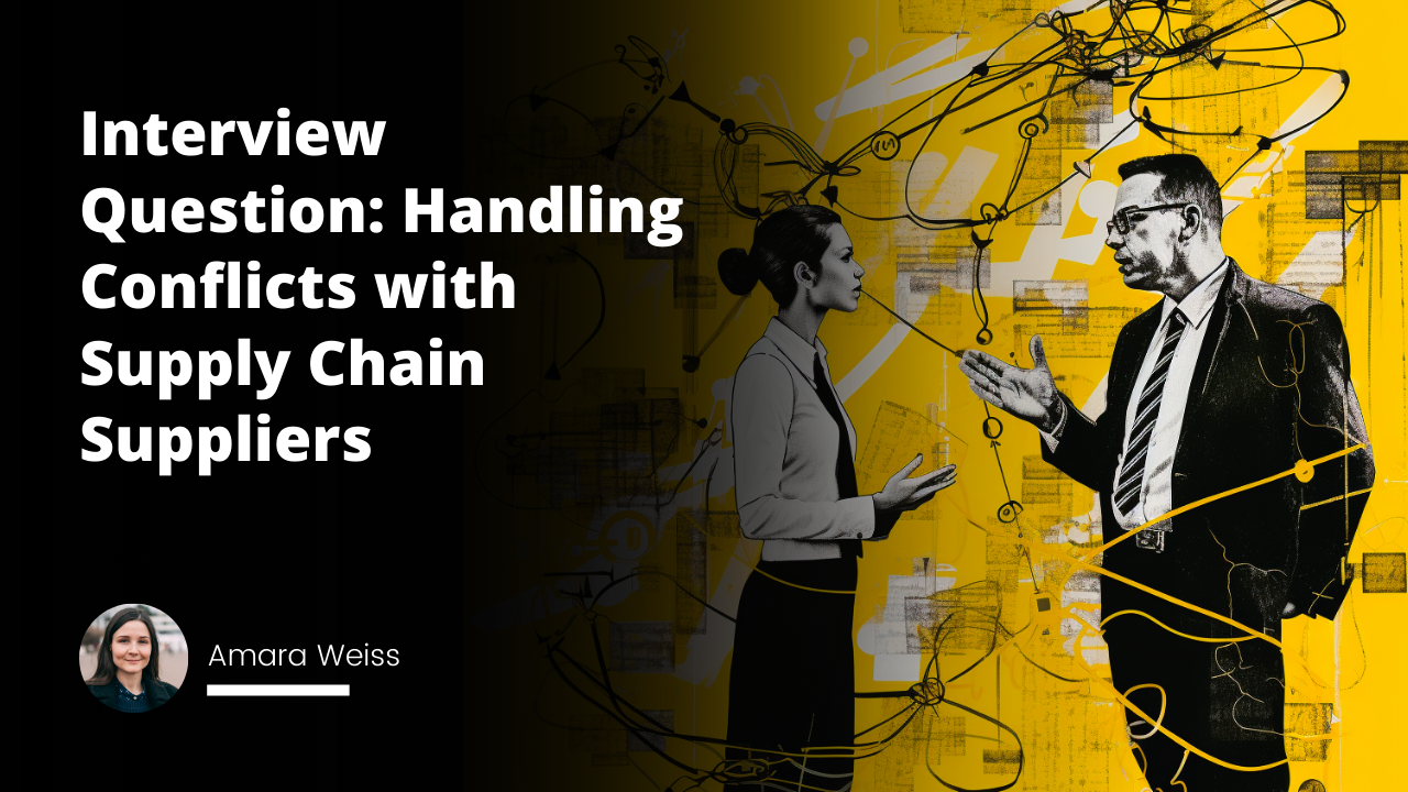 Bright yellow background, contrasting with abstract black streaks, caricature-style individuals, one dressed in power suit, other in courier outfit, representing buyer and supplier, respectively, animated dialogue bubbles above their heads hinting negotiation, talking, interview, humorous expressions indicating conflict resolution, sharp white arrows creating a chain between the two, symbolizing supply chain management, scattered white boxes around to show deliverables and tasks related in supply chain process, a large white handshake in the center pointing towards successful negotiation and conflict resolution, whole scene representing a day in the life in supply chain management.