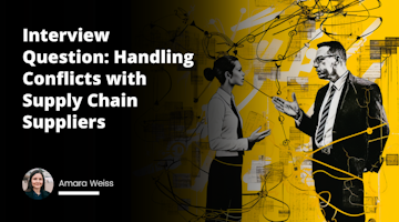 Bright yellow background, contrasting with abstract black streaks, caricature-style individuals, one dressed in power suit, other in courier outfit, representing buyer and supplier, respectively, animated dialogue bubbles above their heads hinting negotiation, talking, interview, humorous expressions indicating conflict resolution, sharp white arrows creating a chain between the two, symbolizing supply chain management, scattered white boxes around to show deliverables and tasks related in supply chain process, a large white handshake in the center pointing towards successful negotiation and conflict resolution, whole scene representing a day in the life in supply chain management.