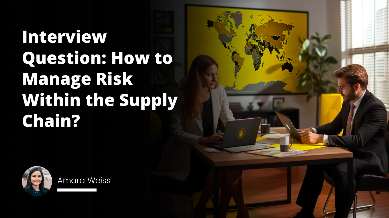 Bright yellow lighting in background, posh office setup with black luxury chairs, two professionally dressed people communicating, visible body language of interrogation and conversation, sense of importance and urgency, several papers on the hand of the inquirer denoting supply chain paperwork, a laptop screen showcasing bar graphs, pie charts symbolizing risk management within the supply chain, logistics marked on a global map symbolizing international supply chain, intertwined with jokes illustrated by both interviewing parties briefly chuckling, unique angle of camera focusing both on the global map and the people subtly linking them, symbolic tie pin of dollar sign on the interviewee giving fun spin to seriousness of job interview.