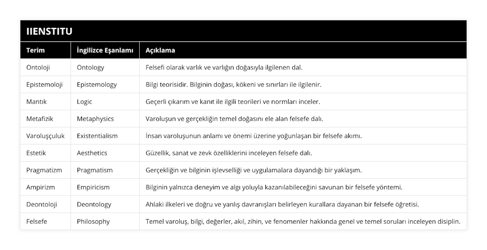 Ontoloji, Ontology, Felsefi olarak varlık ve varlığın doğasıyla ilgilenen dal, Epistemoloji, Epistemology, Bilgi teorisidir Bilginin doğası, kökeni ve sınırları ile ilgilenir, Mantık, Logic, Geçerli çıkarım ve kanıt ile ilgili teorileri ve normları inceler, Metafizik, Metaphysics, Varoluşun ve gerçekliğin temel doğasını ele alan felsefe dalı, Varoluşçuluk, Existentialism, İnsan varoluşunun anlamı ve önemi üzerine yoğunlaşan bir felsefe akımı, Estetik, Aesthetics, Güzellik, sanat ve zevk özelliklerini inceleyen felsefe dalı, Pragmatizm, Pragmatism, Gerçekliğin ve bilginin işlevselliği ve uygulamalara dayandığı bir yaklaşım, Ampirizm, Empiricism, Bilginin yalnızca deneyim ve algı yoluyla kazanılabileceğini savunan bir felsefe yöntemi, Deontoloji, Deontology, Ahlaki ilkeleri ve doğru ve yanlış davranışları belirleyen kurallara dayanan bir felsefe öğretisi, Felsefe, Philosophy, Temel varoluş, bilgi, değerler, akıl, zihin, ve fenomenler hakkında genel ve temel soruları inceleyen disiplin