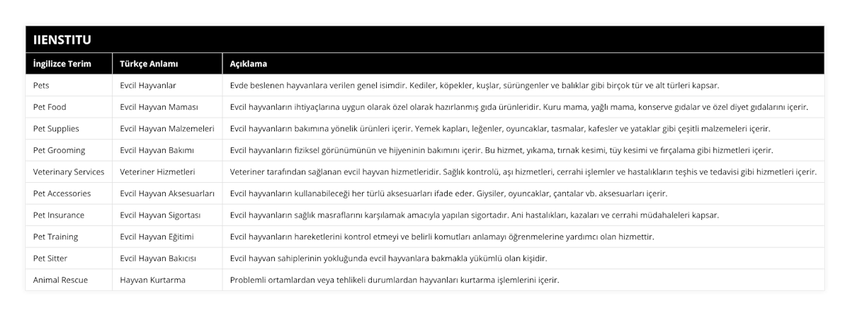 Pets, Evcil Hayvanlar, Evde beslenen hayvanlara verilen genel isimdir Kediler, köpekler, kuşlar, sürüngenler ve balıklar gibi birçok tür ve alt türleri kapsar, Pet Food, Evcil Hayvan Maması, Evcil hayvanların ihtiyaçlarına uygun olarak özel olarak hazırlanmış gıda ürünleridir Kuru mama, yağlı mama, konserve gıdalar ve özel diyet gıdalarını içerir, Pet Supplies, Evcil Hayvan Malzemeleri, Evcil hayvanların bakımına yönelik ürünleri içerir Yemek kapları, leğenler, oyuncaklar, tasmalar, kafesler ve yataklar gibi çeşitli malzemeleri içerir, Pet Grooming, Evcil Hayvan Bakımı, Evcil hayvanların fiziksel görünümünün ve hijyeninin bakımını içerir Bu hizmet, yıkama, tırnak kesimi, tüy kesimi ve fırçalama gibi hizmetleri içerir, Veterinary Services, Veteriner Hizmetleri, Veteriner tarafından sağlanan evcil hayvan hizmetleridir Sağlık kontrolü, aşı hizmetleri, cerrahi işlemler ve hastalıkların teşhis ve tedavisi gibi hizmetleri içerir, Pet Accessories, Evcil Hayvan Aksesuarları, Evcil hayvanların kullanabileceği her türlü aksesuarları ifade eder Giysiler, oyuncaklar, çantalar vb aksesuarları içerir, Pet Insurance, Evcil Hayvan Sigortası, Evcil hayvanların sağlık masraflarını karşılamak amacıyla yapılan sigortadır Ani hastalıkları, kazaları ve cerrahi müdahaleleri kapsar, Pet Training, Evcil Hayvan Eğitimi, Evcil hayvanların hareketlerini kontrol etmeyi ve belirli komutları anlamayı öğrenmelerine yardımcı olan hizmettir, Pet Sitter, Evcil Hayvan Bakıcısı, Evcil hayvan sahiplerinin yokluğunda evcil hayvanlara bakmakla yükümlü olan kişidir, Animal Rescue, Hayvan Kurtarma, Problemli ortamlardan veya tehlikeli durumlardan hayvanları kurtarma işlemlerini içerir