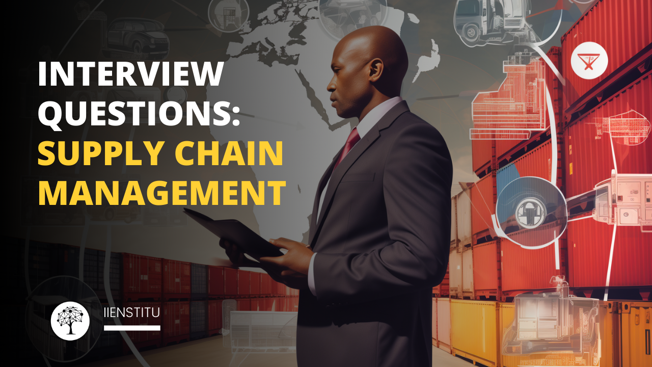 An image that encapsulates the essence of a professional and engaging supply chain management environment. It should feature a collage of diverse elements such as a flowchart with various stages of supply chain processes, individuals in business attire conducting meetings, graphs displaying data analysis for risk management and demand forecasting, digital interfaces showing real-time supply chain tracking, and symbols representing global logistics networks. The overall atmosphere should convey a sense of dynamic collaboration, innovation, and strategic planning within the field of supply chain management. Include subtle text or a book overlay with the title "Interview Question: Supply Chain Management" to tie the elements together cohesively.