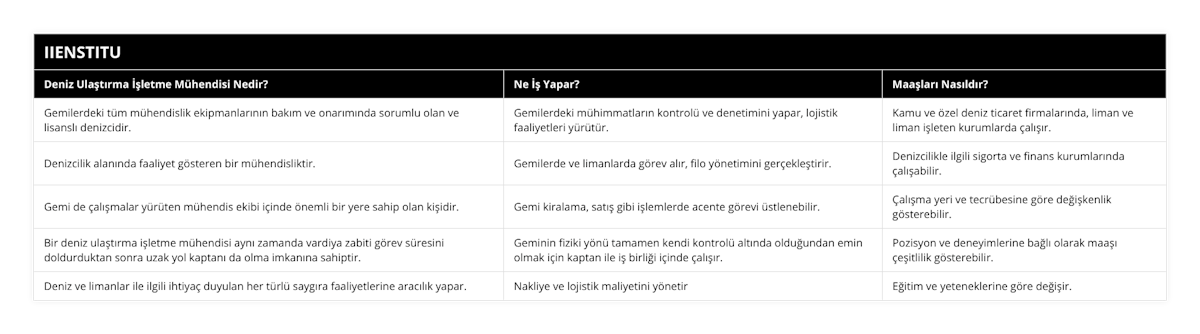 Gemilerdeki tüm mühendislik ekipmanlarının bakım ve onarımında sorumlu olan ve lisanslı denizcidir, Gemilerdeki mühimmatların kontrolü ve denetimini yapar, lojistik faaliyetleri yürütür, Kamu ve özel deniz ticaret firmalarında, liman ve liman işleten kurumlarda çalışır, Denizcilik alanında faaliyet gösteren bir mühendisliktir, Gemilerde ve limanlarda görev alır, filo yönetimini gerçekleştirir, Denizcilikle ilgili sigorta ve finans kurumlarında çalışabilir, Gemi de çalışmalar yürüten mühendis ekibi içinde önemli bir yere sahip olan kişidir, Gemi kiralama, satış gibi işlemlerde acente görevi üstlenebilir, Çalışma yeri ve tecrübesine göre değişkenlik gösterebilir, Bir deniz ulaştırma işletme mühendisi aynı zamanda vardiya zabiti görev süresini doldurduktan sonra uzak yol kaptanı da olma imkanına sahiptir, Geminin fiziki yönü tamamen kendi kontrolü altında olduğundan emin olmak için kaptan ile iş birliği içinde çalışır, Pozisyon ve deneyimlerine bağlı olarak maaşı çeşitlilik gösterebilir, Deniz ve limanlar ile ilgili ihtiyaç duyulan her türlü saygıra faaliyetlerine aracılık yapar, Nakliye ve lojistik maliyetini yönetir, Eğitim ve yeteneklerine göre değişir