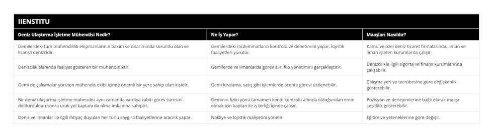 Gemilerdeki tüm mühendislik ekipmanlarının bakım ve onarımında sorumlu olan ve lisanslı denizcidir, Gemilerdeki mühimmatların kontrolü ve denetimini yapar, lojistik faaliyetleri yürütür, Kamu ve özel deniz ticaret firmalarında, liman ve liman işleten kurumlarda çalışır, Denizcilik alanında faaliyet gösteren bir mühendisliktir, Gemilerde ve limanlarda görev alır, filo yönetimini gerçekleştirir, Denizcilikle ilgili sigorta ve finans kurumlarında çalışabilir, Gemi de çalışmalar yürüten mühendis ekibi içinde önemli bir yere sahip olan kişidir, Gemi kiralama, satış gibi işlemlerde acente görevi üstlenebilir, Çalışma yeri ve tecrübesine göre değişkenlik gösterebilir, Bir deniz ulaştırma işletme mühendisi aynı zamanda vardiya zabiti görev süresini doldurduktan sonra uzak yol kaptanı da olma imkanına sahiptir, Geminin fiziki yönü tamamen kendi kontrolü altında olduğundan emin olmak için kaptan ile iş birliği içinde çalışır, Pozisyon ve deneyimlerine bağlı olarak maaşı çeşitlilik gösterebilir, Deniz ve limanlar ile ilgili ihtiyaç duyulan her türlü saygıra faaliyetlerine aracılık yapar, Nakliye ve lojistik maliyetini yönetir, Eğitim ve yeteneklerine göre değişir