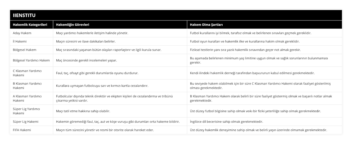 Aday Hakem, Maçı yardımcı hakemlerle iletişim halinde yönetir, Futbol kurallarını iyi bilmek, tarafsız olmak ve belirlenen sınavları geçmek gereklidir, İl Hakemi, Maçın süresini ve ilave dakikaları belirler, Futbol oyun kuralları ve hakemlik ilke ve kurallarına hakim olmak gereklidir, Bölgesel Hakem, Maç sırasındaki yaşanan bütün olayları raporlaştırır ve ilgili kurula sunar, Fiziksel testlerin yanı sıra yazılı hakemlik sınavından geçer not almak gerekir, Bölgesel Yardımcı Hakem, Maç öncesinde gerekli incelemeleri yapar, Bu aşamada belirlenen minimum yaş limitine uygun olmak ve sağlık sorunlarının bulunmaması gerekir, C Klasman Yardımcı Hakemi, Faul, taç, ofsayt gibi gerekli durumlarda oyunu durdurur, Kendi ilindeki hakemlik derneği tarafından başvurunun kabul edilmesi gerekmektedir, B Klasman Yardımcı Hakemi, Kurallara uymayan futbolcuyu sarı ve kırmızı kartla cezalandırır, Bu seviyede hakem olabilmek için bir süre C Klasman Yardımcı Hakemi olarak faaliyet gösterilmiş olması gerekmektedir, A Klasman Yardımcı Hakemi, Futbolcular dışında teknik direktör ve ekipten kişileri de cezalandırma ve tribünü çıkarma yetkisi vardır, B Klasman Yardımcı Hakem olarak belirli bir süre faaliyet göstermiş olmak ve başarılı notlar almak gerekmektedir, Süper Lig Yardımcı Hakemi, Maçı tatil etme hakkına sahip olabilir, Üst düzey futbol bilgisine sahip olmak veıkı bir fiziki yeterliliğe sahip olmak gerekmektedir, Süper Lig Hakemi, Hakemin göremediği faul, taç, aut ve köşe vuruşu gibi durumları orta hakeme bildirir, İngilizce dil becerisine sahip olmak gerekmektedir, FIFA Hakemi, Maçın tüm sürecini yönetir ve resmi bir otorite olarak hareket eder, Üst düzey hakemlik deneyimine sahip olmak ve belirli yaşın üzerinde olmamak gerekmektedir
