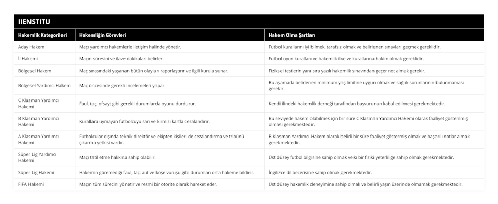 Aday Hakem, Maçı yardımcı hakemlerle iletişim halinde yönetir, Futbol kurallarını iyi bilmek, tarafsız olmak ve belirlenen sınavları geçmek gereklidir, İl Hakemi, Maçın süresini ve ilave dakikaları belirler, Futbol oyun kuralları ve hakemlik ilke ve kurallarına hakim olmak gereklidir, Bölgesel Hakem, Maç sırasındaki yaşanan bütün olayları raporlaştırır ve ilgili kurula sunar, Fiziksel testlerin yanı sıra yazılı hakemlik sınavından geçer not almak gerekir, Bölgesel Yardımcı Hakem, Maç öncesinde gerekli incelemeleri yapar, Bu aşamada belirlenen minimum yaş limitine uygun olmak ve sağlık sorunlarının bulunmaması gerekir, C Klasman Yardımcı Hakemi, Faul, taç, ofsayt gibi gerekli durumlarda oyunu durdurur, Kendi ilindeki hakemlik derneği tarafından başvurunun kabul edilmesi gerekmektedir, B Klasman Yardımcı Hakemi, Kurallara uymayan futbolcuyu sarı ve kırmızı kartla cezalandırır, Bu seviyede hakem olabilmek için bir süre C Klasman Yardımcı Hakemi olarak faaliyet gösterilmiş olması gerekmektedir, A Klasman Yardımcı Hakemi, Futbolcular dışında teknik direktör ve ekipten kişileri de cezalandırma ve tribünü çıkarma yetkisi vardır, B Klasman Yardımcı Hakem olarak belirli bir süre faaliyet göstermiş olmak ve başarılı notlar almak gerekmektedir, Süper Lig Yardımcı Hakemi, Maçı tatil etme hakkına sahip olabilir, Üst düzey futbol bilgisine sahip olmak veıkı bir fiziki yeterliliğe sahip olmak gerekmektedir, Süper Lig Hakemi, Hakemin göremediği faul, taç, aut ve köşe vuruşu gibi durumları orta hakeme bildirir, İngilizce dil becerisine sahip olmak gerekmektedir, FIFA Hakemi, Maçın tüm sürecini yönetir ve resmi bir otorite olarak hareket eder, Üst düzey hakemlik deneyimine sahip olmak ve belirli yaşın üzerinde olmamak gerekmektedir