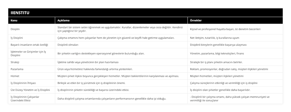 Disiplin, Standart bir sistem setini öğrenmek ve uygulamaktır Kurallar, düzenlemeler veya ceza değildir Kendiniz için yaptığınız bir şeydir, Kişisel ve profesyonel hayatta başarı, öz denetim becerileri, İş Disiplini, Çalışma ortamını hem çalışanlar hem de yönetim için güvenli ve keyifli hale getirme uygulamaları, Net iletişim, tutarlılık, iş kurallarına uyum, Başarılı insanların ortak özelliği, Disiplinli olmaları, Disiplinli bireylerin genellikle başarıya ulaşması, İşletmeler ve Girişimler için İş Disiplini, Bir şirketin varlığını destekleyen operasyonel görevlerin bulunduğu alan, Yönetim, pazarlama, bilgi teknolojileri, finans, Strateji, İşletme sahibi veya yöneticinin bir plan hazırlaması, Stratejik bir iş planı şirketin amacını belirler, Pazarlama, Ürün veya hizmetiniz hakkında farkındalığı artırma yöntemleri, Reklam, promosyonlar, doğrudan satış, müşteri ilişkileri yönetimi, Hizmet, Müşteri-şirket ilişkisi boyunca gerçekleşen hizmetler Müşteri beklentilerinin karşılanması ve aşılması, Müşteri hizmetleri, müşteri ilişkileri yönetimi, İş Disiplininin İhtiyacı, Birleşik ve etkin bir iş yürütmek için iş disiplininin önemi, Çalışma süreçlerinin etkinliği ve verimliliği için iş disiplini, Üst Düzey Yönetim ve İş Disiplini, İş disiplininin şirketin sürekliliği ve başarısı üzerindeki etkisi, İş disiplini olan şirketler genellikle daha başarılıdır, İş Disiplininin Çalışanlar Üzerindeki Etkisi, Daha disiplinli çalışma ortamlarında çalışanların performansının genellikle daha iyi olduğu, - Disiplinli bir çalışma ortamı, daha yüksek çalışan memnuniyeti ve verimliliği ile sonuçlanır
