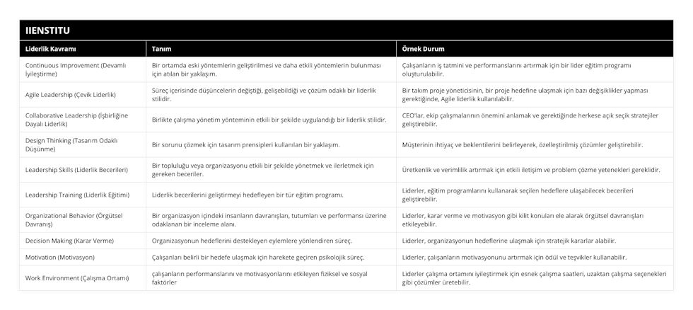 Continuous Improvement (Devamlı İyileştirme), Bir ortamda eski yöntemlerin geliştirilmesi ve daha etkili yöntemlerin bulunması için atılan bir yaklaşım, Çalışanların iş tatmini ve performanslarını artırmak için bir lider eğitim programı oluşturulabilir, Agile Leadership (Çevik Liderlik), Süreç içerisinde düşüncelerin değiştiği, gelişebildiği ve çözüm odaklı bir liderlik stilidir, Bir takım proje yöneticisinin, bir proje hedefine ulaşmak için bazı değişiklikler yapması gerektiğinde, Agile liderlik kullanılabilir, Collaborative Leadership (İşbirliğine Dayalı Liderlik), Birlikte çalışma yönetim yönteminin etkili bir şekilde uygulandığı bir liderlik stilidir, CEO'lar, ekip çalışmalarının önemini anlamak ve gerektiğinde herkese açık seçik stratejiler geliştirebilir, Design Thinking (Tasarım Odaklı Düşünme), Bir sorunu çözmek için tasarım prensipleri kullanılan bir yaklaşım, Müşterinin ihtiyaç ve beklentilerini belirleyerek, özelleştirilmiş çözümler geliştirebilir, Leadership Skills (Liderlik Becerileri), Bir topluluğu veya organizasyonu etkili bir şekilde yönetmek ve ilerletmek için gereken beceriler, Üretkenlik ve verimlilik artırmak için etkili iletişim ve problem çözme yetenekleri gereklidir, Leadership Training (Liderlik Eğitimi), Liderlik becerilerini geliştirmeyi hedefleyen bir tür eğitim programı, Liderler, eğitim programlarını kullanarak seçilen hedeflere ulaşabilecek becerileri geliştirebilir, Organizational Behavior (Örgütsel Davranış), Bir organizasyon içindeki insanların davranışları, tutumları ve performansı üzerine odaklanan bir inceleme alanı, Liderler, karar verme ve motivasyon gibi kilit konuları ele alarak örgütsel davranışları etkileyebilir, Decision Making (Karar Verme), Organizasyonun hedeflerini destekleyen eylemlere yönlendiren süreç, Liderler, organizasyonun hedeflerine ulaşmak için stratejik kararlar alabilir, Motivation (Motivasyon), Çalışanları belirli bir hedefe ulaşmak için harekete geçiren psikolojik süreç, Liderler, çalışanların motivasyonunu artırmak için ödül ve teşvikler kullanabilir, Work Environment (Çalışma Ortamı), çalışanların performanslarını ve motivasyonlarını etkileyen fiziksel ve sosyal faktörler, Liderler çalışma ortamını iyileştirmek için esnek çalışma saatleri, uzaktan çalışma seçenekleri gibi çözümler üretebilir