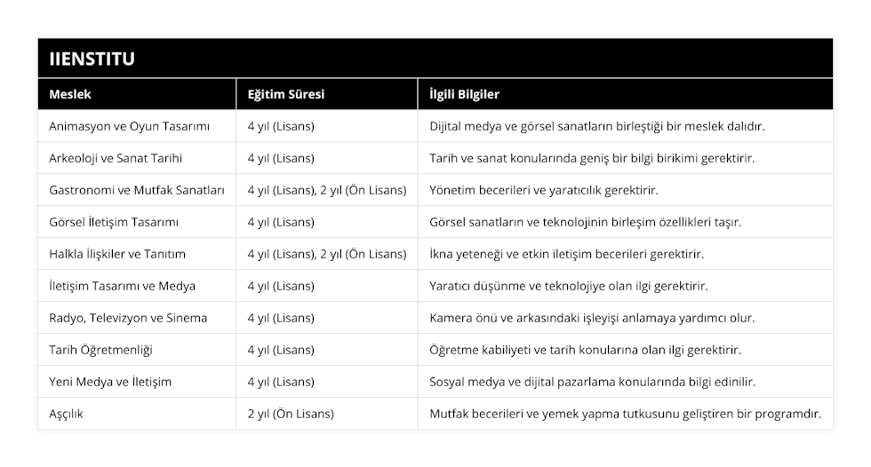 Animasyon ve Oyun Tasarımı, 4 yıl (Lisans), Dijital medya ve görsel sanatların birleştiği bir meslek dalıdır, Arkeoloji ve Sanat Tarihi, 4 yıl (Lisans), Tarih ve sanat konularında geniş bir bilgi birikimi gerektirir, Gastronomi ve Mutfak Sanatları, 4 yıl (Lisans), 2 yıl (Ön Lisans), Yönetim becerileri ve yaratıcılık gerektirir, Görsel İletişim Tasarımı, 4 yıl (Lisans), Görsel sanatların ve teknolojinin birleşim özellikleri taşır, Halkla İlişkiler ve Tanıtım, 4 yıl (Lisans), 2 yıl (Ön Lisans), İkna yeteneği ve etkin iletişim becerileri gerektirir, İletişim Tasarımı ve Medya, 4 yıl (Lisans), Yaratıcı düşünme ve teknolojiye olan ilgi gerektirir, Radyo, Televizyon ve Sinema, 4 yıl (Lisans), Kamera önü ve arkasındaki işleyişi anlamaya yardımcı olur, Tarih Öğretmenliği, 4 yıl (Lisans), Öğretme kabiliyeti ve tarih konularına olan ilgi gerektirir, Yeni Medya ve İletişim, 4 yıl (Lisans), Sosyal medya ve dijital pazarlama konularında bilgi edinilir, Aşçılık, 2 yıl (Ön Lisans), Mutfak becerileri ve yemek yapma tutkusunu geliştiren bir programdır