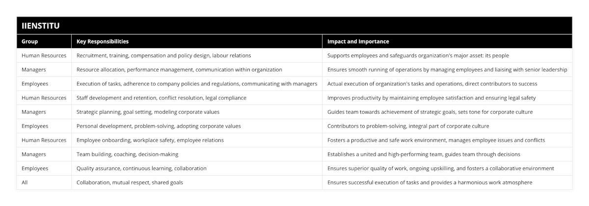 Human Resources, Recruitment, training, compensation and policy design, labour relations, Supports employees and safeguards organization's major asset: its people, Managers, Resource allocation, performance management, communication within organization, Ensures smooth running of operations by managing employees and liaising with senior leadership, Employees, Execution of tasks, adherence to company policies and regulations, communicating with managers, Actual execution of organization's tasks and operations, direct contributors to success, Human Resources, Staff development and retention, conflict resolution, legal compliance, Improves productivity by maintaining employee satisfaction and ensuring legal safety, Managers, Strategic planning, goal setting, modeling corporate values, Guides team towards achievement of strategic goals, sets tone for corporate culture, Employees, Personal development, problem-solving, adopting corporate values, Contributors to problem-solving, integral part of corporate culture, Human Resources, Employee onboarding, workplace safety, employee relations, Fosters a productive and safe work environment, manages employee issues and conflicts, Managers, Team building, coaching, decision-making, Establishes a united and high-performing team, guides team through decisions, Employees, Quality assurance, continuous learning, collaboration, Ensures superior quality of work, ongoing upskilling, and fosters a collaborative environment, All, Collaboration, mutual respect, shared goals, Ensures successful execution of tasks and provides a harmonious work atmosphere