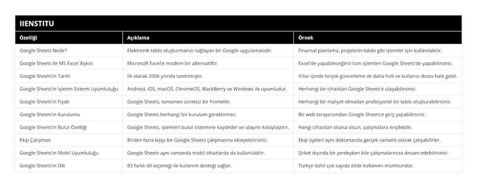 Google Sheets Nedir?, Elektronik tablo oluşturmanızı sağlayan bir Google uygulamasıdır, Finansal planlama, projelerin takibi gibi işlemler için kullanılabilir, Google Sheets ile MS Excel İlişkisi, Microsoft Excel'e modern bir alternatiftir, Excel'de yapabileceğiniz tüm işlemleri Google Sheets'de yapabilirsiniz, Google Sheets'in Tarihi, İlk olarak 2006 yılında tanıtılmıştır, Yıllar içinde birçok güncelleme ile daha hızlı ve kullanıcı dostu hale geldi, Google Sheets'in İşletim Sistemi Uyumluluğu, Android, iOS, macOS, ChromeOS, BlackBerry ve Windows ile uyumludur, Herhangi bir cihazdan Google Sheets'e ulaşabilirsiniz, Google Sheets'in Fiyatı, Google Sheets, tamamen ücretsiz bir hizmettir, Herhangi bir maliyet olmadan profesyonel bir tablo oluşturabilirsiniz, Google Sheets'in Kurulumu, Google Sheets herhangi bir kurulum gerektirmez, Bir web tarayıcısından Google Sheets'e giriş yapabilirsiniz, Google Sheets'in Bulut Özelliği, Google Sheets, işlemleri bulut sistemine kaydeder ve ulaşımı kolaylaştırır, Hangi cihazdan olursa olsun, çalışmalara erişilebilir, Ekip Çalışması, Birden fazla kişiyi bir Google Sheets çalışmasına ekleyebilirsiniz, Ekip üyeleri aynı dokümanda gerçek zamanlı olarak çalışabilirler, Google Sheets'in Mobil Uyumluluğu, Google Sheets aynı zamanda mobil cihazlarda da kullanılabilir, Şirket dışında bir yerdeyken bile çalışmalarınıza devam edebilirsiniz, Google Sheets'in Dili, 83 farklı dil seçeneği ile kullanım desteği sağlar, Türkçe dahil çok sayıda dilde kullanımı mümkündür