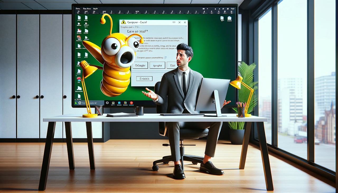 Bir ofiste modern bir masada oturan, bilgisayar ekranına bakarken kafası karışmış ve biraz da eğlenmiş görünen bir kişinin hiper-gerçekçi, ayrıntılı bir görüntüsünü oluşturun. Ekranda, Excel programındaki bir hata mesajını simgeleyen karikatürize bir böcek şeklinde tuhaf bir açılır pencere görüntüleniyor. Ofis, masa lambası ve kalemlik gibi canlı sarı detaylarla vurgulanan siyah ve beyaz mobilyalarla şık ve çağdaş bir tasarıma sahip. Ruh hali, bilgisayar hatalarıyla uğraşırken yaşanan hayal kırıklığını ve mizahı yansıtacak şekilde neşeli. Konunun yalnızca görsel unsurlar aracılığıyla evrensel olarak anlaşılmasını sağlamak için görsel üzerinde metin bulunmamalıdır. Kompozisyon dinamik olmalı, ekrandaki hata neredeyse dışarı fırlayacakmış gibi görünmeli ve izleyiciyi teknoloji hatalarının ortak deneyimine dahil etmelidir.