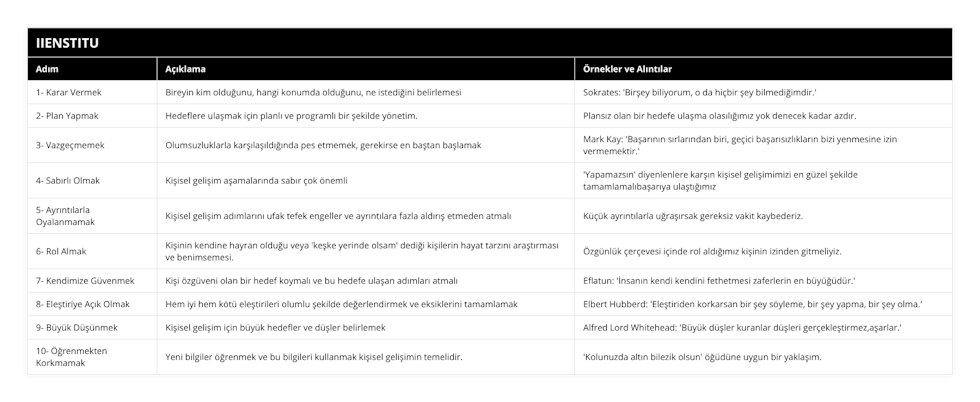 1- Karar Vermek, Bireyin kim olduğunu, hangi konumda olduğunu, ne istediğini belirlemesi, Sokrates: 'Birşey biliyorum, o da hiçbir şey bilmediğimdir', 2- Plan Yapmak, Hedeflere ulaşmak için planlı ve programlı bir şekilde yönetim, Plansız olan bir hedefe ulaşma olasılığımız yok denecek kadar azdır, 3- Vazgeçmemek, Olumsuzluklarla karşılaşıldığında pes etmemek, gerekirse en baştan başlamak, Mark Kay: 'Başarının sırlarından biri, geçici başarısızlıkların bizi yenmesine izin vermemektir', 4- Sabırlı Olmak, Kişisel gelişim aşamalarında sabır çok önemli, 'Yapamazsın' diyenlenlere karşın kişisel gelişimimizi en güzel şekilde tamamlamalıbaşarıya ulaştığımız, 5- Ayrıntılarla Oyalanmamak, Kişisel gelişim adımlarını ufak tefek engeller ve ayrıntılara fazla aldırış etmeden atmalı, Küçük ayrıntılarla uğraşırsak gereksiz vakit kaybederiz, 6- Rol Almak, Kişinin kendine hayran olduğu veya 'keşke yerinde olsam' dediği kişilerin hayat tarzını araştırması ve benimsemesi, Özgünlük çerçevesi içinde rol aldığımız kişinin izinden gitmeliyiz, 7- Kendimize Güvenmek, Kişi özgüveni olan bir hedef koymalı ve bu hedefe ulaşan adımları atmalı, Eflatun: 'İnsanın kendi kendini fethetmesi zaferlerin en büyüğüdür', 8- Eleştiriye Açık Olmak, Hem iyi hem kötü eleştirileri olumlu şekilde değerlendirmek ve eksiklerini tamamlamak, Elbert Hubberd: 'Eleştiriden korkarsan bir şey söyleme, bir şey yapma, bir şey olma', 9- Büyük Düşünmek, Kişisel gelişim için büyük hedefler ve düşler belirlemek, Alfred Lord Whitehead: 'Büyük düşler kuranlar düşleri gerçekleştirmez,aşarlar', 10- Öğrenmekten Korkmamak, Yeni bilgiler öğrenmek ve bu bilgileri kullanmak kişisel gelişimin temelidir, 'Kolunuzda altın bilezik olsun' öğüdüne uygun bir yaklaşım