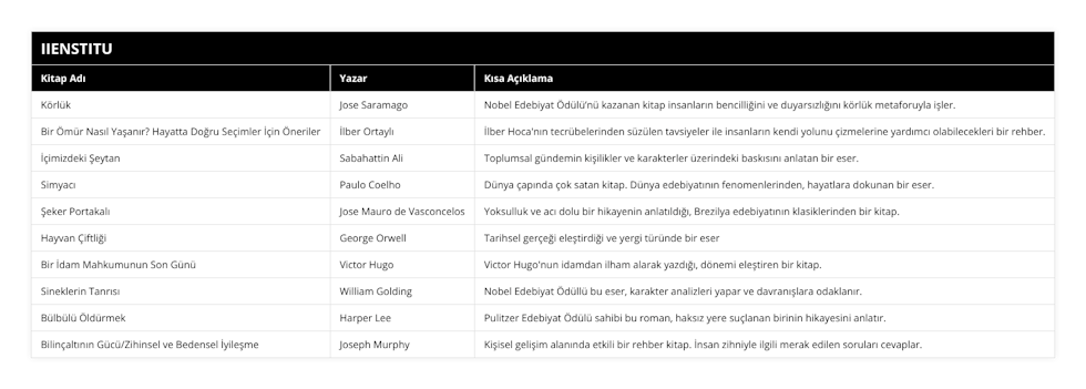 Körlük, Jose Saramago, Nobel Edebiyat Ödülü’nü kazanan kitap insanların bencilliğini ve duyarsızlığını körlük metaforuyla işler, Bir Ömür Nasıl Yaşanır? Hayatta Doğru Seçimler İçin Öneriler, İlber Ortaylı, İlber Hoca'nın tecrübelerinden süzülen tavsiyeler ile insanların kendi yolunu çizmelerine yardımcı olabilecekleri bir rehber, İçimizdeki Şeytan, Sabahattin Ali, Toplumsal gündemin kişilikler ve karakterler üzerindeki baskısını anlatan bir eser, Simyacı, Paulo Coelho, Dünya çapında çok satan kitap Dünya edebiyatının fenomenlerinden, hayatlara dokunan bir eser, Şeker Portakalı, Jose Mauro de Vasconcelos, Yoksulluk ve acı dolu bir hikayenin anlatıldığı, Brezilya edebiyatının klasiklerinden bir kitap, Hayvan Çiftliği, George Orwell, Tarihsel gerçeği eleştirdiği ve yergi türünde bir eser, Bir İdam Mahkumunun Son Günü, Victor Hugo, Victor Hugo'nun idamdan ilham alarak yazdığı, dönemi eleştiren bir kitap, Sineklerin Tanrısı, William Golding, Nobel Edebiyat Ödüllü bu eser, karakter analizleri yapar ve davranışlara odaklanır, Bülbülü Öldürmek, Harper Lee, Pulitzer Edebiyat Ödülü sahibi bu roman, haksız yere suçlanan birinin hikayesini anlatır, Bilinçaltının Gücü/Zihinsel ve Bedensel İyileşme, Joseph Murphy, Kişisel gelişim alanında etkili bir rehber kitap İnsan zihniyle ilgili merak edilen soruları cevaplar