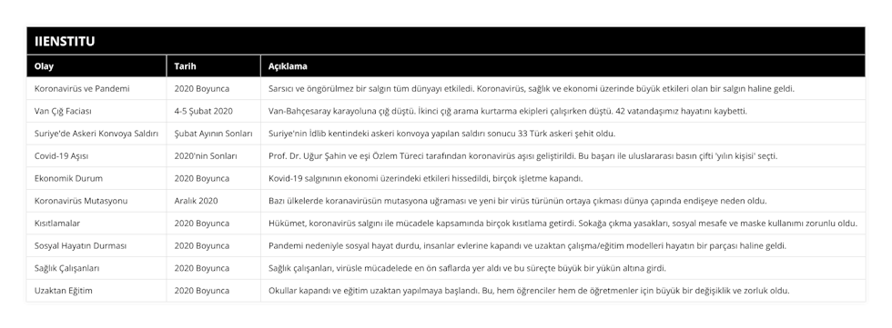 Koronavirüs ve Pandemi, 2020 Boyunca, Sarsıcı ve öngörülmez bir salgın tüm dünyayı etkiledi Koronavirüs, sağlık ve ekonomi üzerinde büyük etkileri olan bir salgın haline geldi, Van Çığ Faciası, 4-5 Şubat 2020, Van-Bahçesaray karayoluna çığ düştü İkinci çığ arama kurtarma ekipleri çalışırken düştü 42 vatandaşımız hayatını kaybetti, Suriye'de Askeri Konvoya Saldırı, Şubat Ayının Sonları, Suriye'nin İdlib kentindeki askeri konvoya yapılan saldırı sonucu 33 Türk askeri şehit oldu, Covid-19 Aşısı, 2020'nin Sonları, Prof Dr Uğur Şahin ve eşi Özlem Türeci tarafından koronavirüs aşısı geliştirildi Bu başarı ile uluslararası basın çifti 'yılın kişisi' seçti, Ekonomik Durum, 2020 Boyunca, Kovid-19 salgınının ekonomi üzerindeki etkileri hissedildi, birçok işletme kapandı, Koronavirüs Mutasyonu, Aralık 2020, Bazı ülkelerde koranavirüsün mutasyona uğraması ve yeni bir virüs türünün ortaya çıkması dünya çapında endişeye neden oldu, Kısıtlamalar, 2020 Boyunca, Hükümet, koronavirüs salgını ile mücadele kapsamında birçok kısıtlama getirdi Sokağa çıkma yasakları, sosyal mesafe ve maske kullanımı zorunlu oldu, Sosyal Hayatın Durması, 2020 Boyunca, Pandemi nedeniyle sosyal hayat durdu, insanlar evlerine kapandı ve uzaktan çalışma/eğitim modelleri hayatın bir parçası haline geldi, Sağlık Çalışanları, 2020 Boyunca, Sağlık çalışanları, virüsle mücadelede en ön saflarda yer aldı ve bu süreçte büyük bir yükün altına girdi, Uzaktan Eğitim, 2020 Boyunca, Okullar kapandı ve eğitim uzaktan yapılmaya başlandı Bu, hem öğrenciler hem de öğretmenler için büyük bir değişiklik ve zorluk oldu