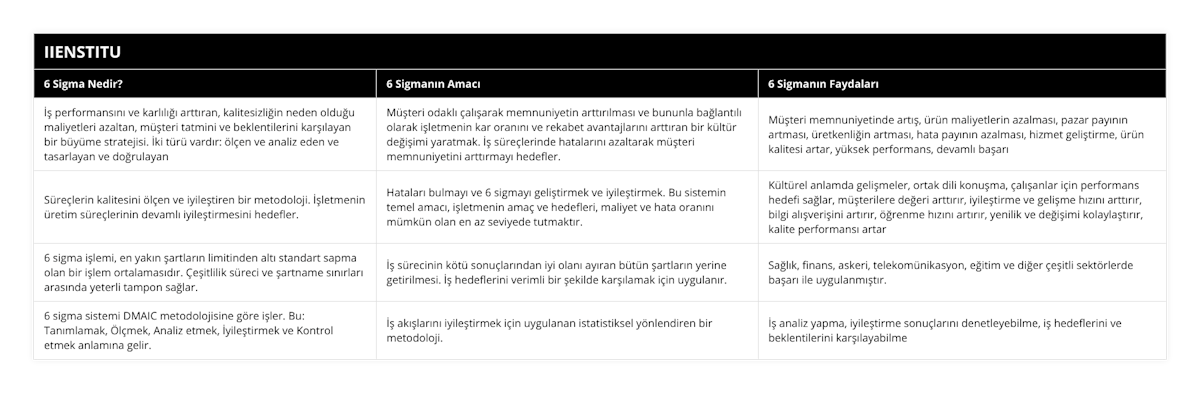 İş performansını ve karlılığı arttıran, kalitesizliğin neden olduğu maliyetleri azaltan, müşteri tatmini ve beklentilerini karşılayan bir büyüme stratejisi İki türü vardır: ölçen ve analiz eden ve tasarlayan ve doğrulayan, Müşteri odaklı çalışarak memnuniyetin arttırılması ve bununla bağlantılı olarak işletmenin kar oranını ve rekabet avantajlarını arttıran bir kültür değişimi yaratmak İş süreçlerinde hatalarını azaltarak müşteri memnuniyetini arttırmayı hedefler, Müşteri memnuniyetinde artış, ürün maliyetlerin azalması, pazar payının artması, üretkenliğin artması, hata payının azalması, hizmet geliştirme, ürün kalitesi artar, yüksek performans, devamlı başarı, Süreçlerin kalitesini ölçen ve iyileştiren bir metodoloji İşletmenin üretim süreçlerinin devamlı iyileştirmesini hedefler, Hataları bulmayı ve 6 sigmayı geliştirmek ve iyileştirmek Bu sistemin temel amacı, işletmenin amaç ve hedefleri, maliyet ve hata oranını mümkün olan en az seviyede tutmaktır, Kültürel anlamda gelişmeler, ortak dili konuşma, çalışanlar için performans hedefi sağlar, müşterilere değeri arttırır, iyileştirme ve gelişme hızını arttırır, bilgi alışverişini artırır, öğrenme hızını artırır, yenilik ve değişimi kolaylaştırır, kalite performansı artar, 6 sigma işlemi, en yakın şartların limitinden altı standart sapma olan bir işlem ortalamasıdır Çeşitlilik süreci ve şartname sınırları arasında yeterli tampon sağlar, İş sürecinin kötü sonuçlarından iyi olanı ayıran bütün şartların yerine getirilmesi İş hedeflerini verimli bir şekilde karşılamak için uygulanır, Sağlık, finans, askeri, telekomünikasyon, eğitim ve diğer çeşitli sektörlerde başarı ile uygulanmıştır, 6 sigma sistemi DMAIC metodolojisine göre işler Bu: Tanımlamak, Ölçmek, Analiz etmek, İyileştirmek ve Kontrol etmek anlamına gelir, İş akışlarını iyileştirmek için uygulanan istatistiksel yönlendiren bir metodoloji, İş analiz yapma, iyileştirme sonuçlarını denetleyebilme, iş hedeflerini ve beklentilerini karşılayabilme