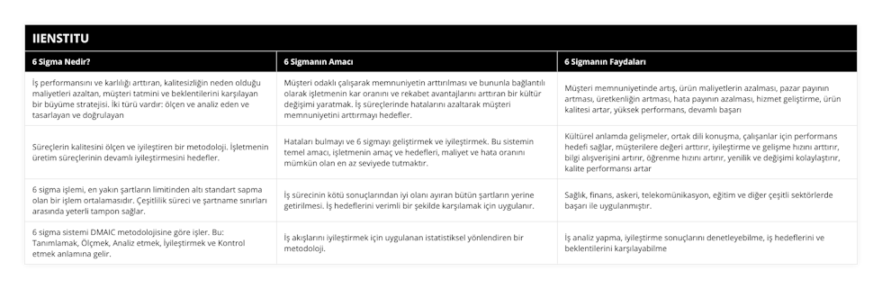 İş performansını ve karlılığı arttıran, kalitesizliğin neden olduğu maliyetleri azaltan, müşteri tatmini ve beklentilerini karşılayan bir büyüme stratejisi İki türü vardır: ölçen ve analiz eden ve tasarlayan ve doğrulayan, Müşteri odaklı çalışarak memnuniyetin arttırılması ve bununla bağlantılı olarak işletmenin kar oranını ve rekabet avantajlarını arttıran bir kültür değişimi yaratmak İş süreçlerinde hatalarını azaltarak müşteri memnuniyetini arttırmayı hedefler, Müşteri memnuniyetinde artış, ürün maliyetlerin azalması, pazar payının artması, üretkenliğin artması, hata payının azalması, hizmet geliştirme, ürün kalitesi artar, yüksek performans, devamlı başarı, Süreçlerin kalitesini ölçen ve iyileştiren bir metodoloji İşletmenin üretim süreçlerinin devamlı iyileştirmesini hedefler, Hataları bulmayı ve 6 sigmayı geliştirmek ve iyileştirmek Bu sistemin temel amacı, işletmenin amaç ve hedefleri, maliyet ve hata oranını mümkün olan en az seviyede tutmaktır, Kültürel anlamda gelişmeler, ortak dili konuşma, çalışanlar için performans hedefi sağlar, müşterilere değeri arttırır, iyileştirme ve gelişme hızını arttırır, bilgi alışverişini artırır, öğrenme hızını artırır, yenilik ve değişimi kolaylaştırır, kalite performansı artar, 6 sigma işlemi, en yakın şartların limitinden altı standart sapma olan bir işlem ortalamasıdır Çeşitlilik süreci ve şartname sınırları arasında yeterli tampon sağlar, İş sürecinin kötü sonuçlarından iyi olanı ayıran bütün şartların yerine getirilmesi İş hedeflerini verimli bir şekilde karşılamak için uygulanır, Sağlık, finans, askeri, telekomünikasyon, eğitim ve diğer çeşitli sektörlerde başarı ile uygulanmıştır, 6 sigma sistemi DMAIC metodolojisine göre işler Bu: Tanımlamak, Ölçmek, Analiz etmek, İyileştirmek ve Kontrol etmek anlamına gelir, İş akışlarını iyileştirmek için uygulanan istatistiksel yönlendiren bir metodoloji, İş analiz yapma, iyileştirme sonuçlarını denetleyebilme, iş hedeflerini ve beklentilerini karşılayabilme