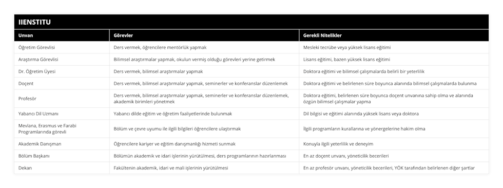 Öğretim Görevlisi, Ders vermek, öğrencilere mentörlük yapmak, Mesleki tecrübe veya yüksek lisans eğitimi, Araştırma Görevlisi, Bilimsel araştırmalar yapmak, okulun vermiş olduğu görevleri yerine getirmek, Lisans eğitimi, bazen yüksek lisans eğitimi, Dr Öğretim Üyesi, Ders vermek, bilimsel araştırmalar yapmak, Doktora eğitimi ve bilimsel çalışmalarda belirli bir yeterlilik, Doçent, Ders vermek, bilimsel araştırmalar yapmak, seminerler ve konferanslar düzenlemek, Doktora eğitimi ve belirlenen süre boyunca alanında bilimsel çalışmalarda bulunma, Profesör, Ders vermek, bilimsel araştırmalar yapmak, seminerler ve konferanslar düzenlemek, akademik birimleri yönetmek, Doktora eğitimi, belirlenen süre boyunca doçent unvanına sahip olma ve alanında özgün bilimsel çalışmalar yapma, Yabancı Dil Uzmanı, Yabancı dilde eğitim ve öğretim faaliyetlerinde bulunmak, Dil bilgisi ve eğitimi alanında yüksek lisans veya doktora, Mevlana, Erasmus ve Farabi Programlarında görevli, Bölüm ve çevre uyumu ile ilgili bilgileri öğrencilere ulaştırmak, İlgili programların kurallarına ve yönergelerine hakim olma, Akademik Danışman, Öğrencilere kariyer ve eğitim danışmanlığı hizmeti sunmak, Konuyla ilgili yeterlilik ve deneyim, Bölüm Başkanı, Bölümün akademik ve idari işlerinin yürütülmesi, ders programlarının hazırlanması, En az doçent unvanı, yöneticilik becerileri, Dekan, Fakültenin akademik, idari ve mali işlerinin yürütülmesi, En az profesör unvanı, yöneticilik becerileri, YÖK tarafından belirlenen diğer şartlar