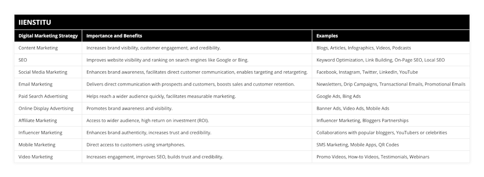 Content Marketing, Increases brand visibility, customer engagement, and credibility, Blogs, Articles, Infographics, Videos, Podcasts, SEO, Improves website visibility and ranking on search engines like Google or Bing, Keyword Optimization, Link Building, On-Page SEO, Local SEO, Social Media Marketing, Enhances brand awareness, facilitates direct customer communication, enables targeting and retargeting, Facebook, Instagram, Twitter, LinkedIn, YouTube, Email Marketing, Delivers direct communication with prospects and customers, boosts sales and customer retention, Newsletters, Drip Campaigns, Transactional Emails, Promotional Emails, Paid Search Advertising, Helps reach a wider audience quickly, facilitates measurable marketing, Google Ads, Bing Ads, Online Display Advertising, Promotes brand awareness and visibility, Banner Ads, Video Ads, Mobile Ads, Affiliate Marketing, Access to wider audience, high return on investment (ROI), Influencer Marketing, Bloggers Partnerships, Influencer Marketing, Enhances brand authenticity, increases trust and credibility, Collaborations with popular bloggers, YouTubers or celebrities, Mobile Marketing, Direct access to customers using smartphones, SMS Marketing, Mobile Apps, QR Codes, Video Marketing, Increases engagement, improves SEO, builds trust and credibility, Promo Videos, How-to Videos, Testimonials, Webinars