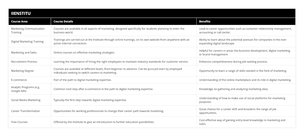 Marketing Communication Training, Courses are available in all aspects of marketing, designed specifically for students planning to enter the business world, Lead to career opportunities such as customer relationship management, accounting or call center, Digital Marketing Training, Trainings are carried out at the Institute through online trainings, on its own website from anywhere with an active internet connection, Ability to learn about the potential avenues for companies in the ever-expanding digital landscape, Marketing and Sales, Online courses on effective marketing strategies, Helpful for careers in areas like business development, digital marketing, or brand management, Recruitment Process, Learning the importance of hiring the right employees to maintain industry standards for customer service, Enhances competitiveness during job-seeking process, Marketing Degree, Courses are available at different levels, from beginner to advance Can be pursued even by employed individuals seeking to switch careers to marketing, Opportunity to learn a range of skills needed in the field of marketing, E-commerce, Part of the path to digital marketing expertise, Understanding of the online marketplace and its role in digital marketing, Analytic Programs (eg Google Ads), Common next step after e-commerce in the path to digital marketing expertise, Knowledge on gathering and analyzing marketing data, Social Media Marketing, Typically the first step towards digital marketing expertise, Understanding of how to make use of social platforms for marketing purposes, Career Transformation, Opportunities for working professionals to change their career path towards marketing, Great chance for a career shift and broadens the range of job opportunities, Free Courses, Offered by the Institute to give an introduction to further education possibilities, Cost-effective way of gaining entry-level knowledge in marketing and sales