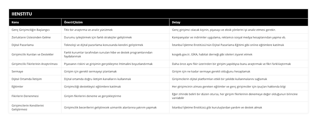 Genç Girişimciliğin Başlangıcı, Titiz bir araştırma ve analiz yürütmek, Genç girişimci olacak kişinin, piyasayı ve eksik yönlerini iyi analiz etmesi gerekir, Zorlukların Üstesinden Gelme, Durumu iyileştirmek için farklı stratejiler geliştirmek, Kampanyalar ve indirimler uygulama, reklamızı sosyal medya hesaplarından yapma vb, Dijital Pazarlama, Teknoloji ve dijital pazarlama konusunda kendini geliştirmek, İstanbul İşletme Enstitüsü'nün Dijital Pazarlama Eğitimi gibi online eğitimlere katılmak, Girişimcilik Kursları ve Destekler, Farklı kurumlar tarafından sunulan hibe ve destek programlarından faydalanmak, kosgebgovtr, GİKA, habitat derneği gibi siteleri ziyaret etmek, Girişimcilik Fikirlerinin Araştırılması, Piyasanın riskini ve girişimin gerçekleşme ihtimalini boyutlandırmak, Daha önce aynı fikir üzerinden bir girişim yapıldıysa bunu araştırmak ve fikri farklılaştırmak, Sermaye, Girişim için gerekli sermayeyi planlamak, Girişim için ne kadar sermaye gerekli olduğunu hesaplamak, Dijital Ortamda İletişim, Dijital ortamda doğru iletişim kanallarını kullanmak, Girişimcilerin dijital platformları etkili bir şekilde kullanmalarını sağlamak, Eğitimler, Girişimciliği destekleyici eğitimlere katılmak, Her girişimcinin alması gereken eğitimler ve genç girişimciler için ipuçları hakkında bilgi, Fikirlerin Denenmesi, Girişim fikirlerini deneme ve gerçekleştirme, Eğer zihinde belirli bir düzen otursa, her girişim fikirlerinin denemeye değer olduğunun bilincine varılabilir, Girişimcilerin Kendilerini Geliştirmesi, Girişimcilik becerilerini geliştirecek uzmanlık alanlarına yatırım yapmak, İstanbul İşletme Enstitüsü gibi kuruluşlardan yardım ve destek almak