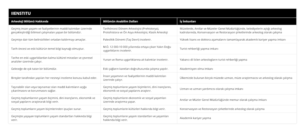 Geçmiş insan yaşamı ve faaliyetlerinin maddi kalıntıları üzerinde gerçekleştirdiği bilimsel çalışmaları yapan bir bölümdür, Tarihöncesi Dönem Arkeolojisi (Prehistorya), Protohistora ve Ön Asya Arkeolojisi, Klasik Arkeoloji, Müzelerde, Anıtlar ve Müzeler Genel Müdürlüğünde, belediyelerin açtığı arkeolog kadrolarında, Konservasyon ve Restorasyon şirketlerinde arkeolog olarak çalışma, Geçmişe dair tüm belirsizlikleri ortadan kaldırmayı amaçlar, Paleolitik Dönemi (Taş Devri) incelenir, Yüksek lisans ve doktora aşamalarını tamamlayarak akademik kariyer yapma imkanı, Tarih öncesi ve eski kültürün temel bilgi kaynağı olmuştur, MÖ 12 000-10 000 yıllarında ortaya çıkan Yakın Doğu uygarlıklarını incelenir, Turist rehberliği yapma imkanı, Tarihe en eski uygarlıklardan kalma kültürel mirasları ve çevresel analizler üzerinde çalışır, Yunan ve Roma uygarlıklarına ait kalıntılar incelenir, Yabancı dil bilen arkeologların turist rehberliği yapma, Geleceğe de ışık tutan bir bölümdür, Eski çağların kanıtları doğrultusunda çalışma yapılır, Akademisyen olma imkanı, Bireyler tarafından yapılan her nesneyi inceleme konusu kabul eder, İnsan yaşamının ve faaliyetlerinin maddi kalıntıları üzerinde çalışır, Ülkemizde bulunan birçok müzede uzman, müze araştırmacısı ve arkeolog olarak çalışma, Taşınabilir olan veya taşınamaz olan maddi kalıntıların açığa çıkarılmasını ve korunmasını sağlar, Geçmiş toplumların yaşam biçimlerini, dini inançlarını, ekonomik ve sosyal yapılarını araştırır, Uzman ve uzman yardımcısı olarak çalışma imkanı, Geçmiş toplumlarının yaşam biçimini, dini inançlarını, ekonomik ve sosyal yapılarını araştırarak bilgi verir, Geçmiş toplumların ekonomik ve sosyal yaşamları üzerinde araştırma yapar, Anıtlar ve Müzler Genel Müdürlüğünde memur olarak çalışma imkanı, Geçmiş toplumların yaşam biçimlerinden ipuçları sunar, Geçmiş toplumlarin kültürleri hakkında bilgi verir, Konservasyon ve Restorasyon şirketlerinde arkeolog olarak çalışma, Geçmişte yaşayan toplumlarin yaşam standartları hakkında bilgi verir, Geçmiş toplumların yaşam standartları ve yaşamları hakkında bilgi verir, Akademik kariyer yapma